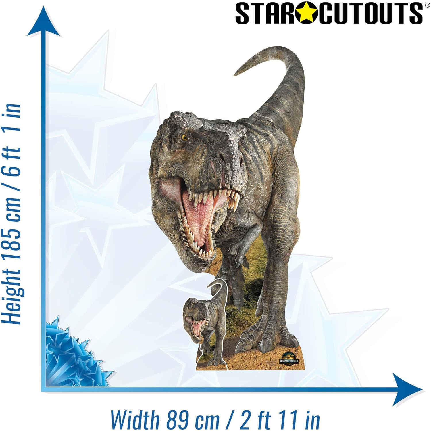 Ein T-Rex-Ausschnitt aus Jurassic World. Es ist braun, mit offenem Mund, der Zähne zeigt. Der Hintergrund ist weiß mit blauen Sternformen und Abmessungen.