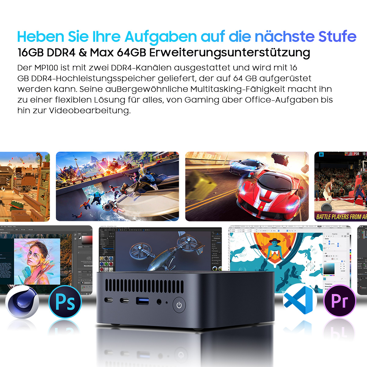 Ein schwarzer Mini-PC mit mehreren Bildschirmen, auf denen Spiele und Design-Software angezeigt werden. Text oben erwähnt DDR4-Speicher.