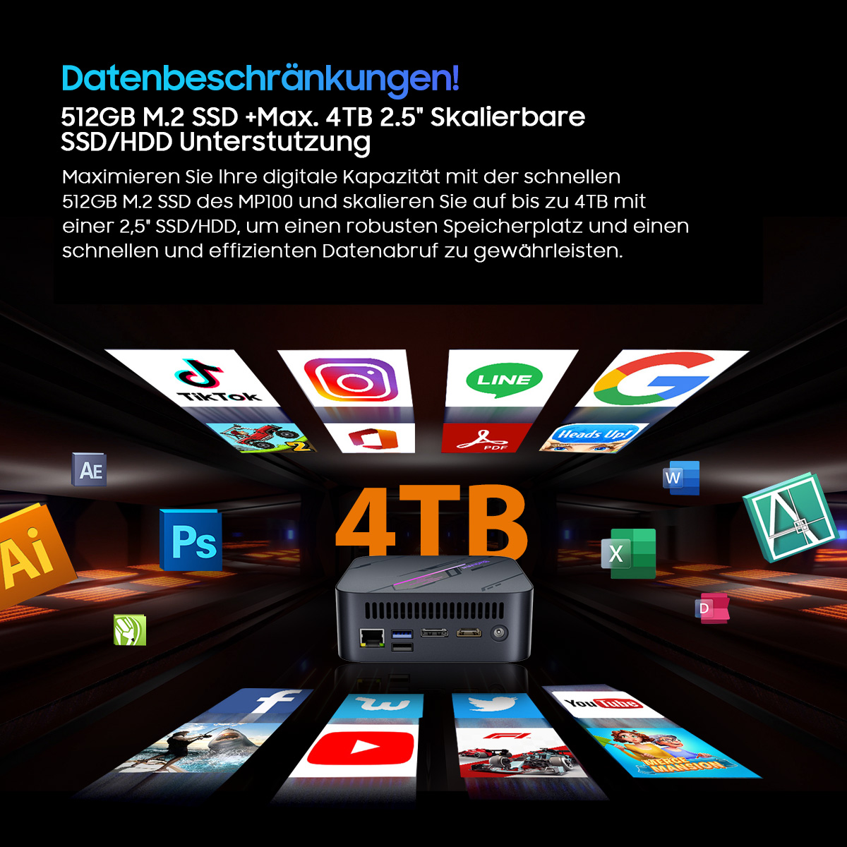 Ein schwarzer Computer mit 4TB Text. App-Symbole schweben. Text erwähnt SSD- und HDD-Unterstützung.
