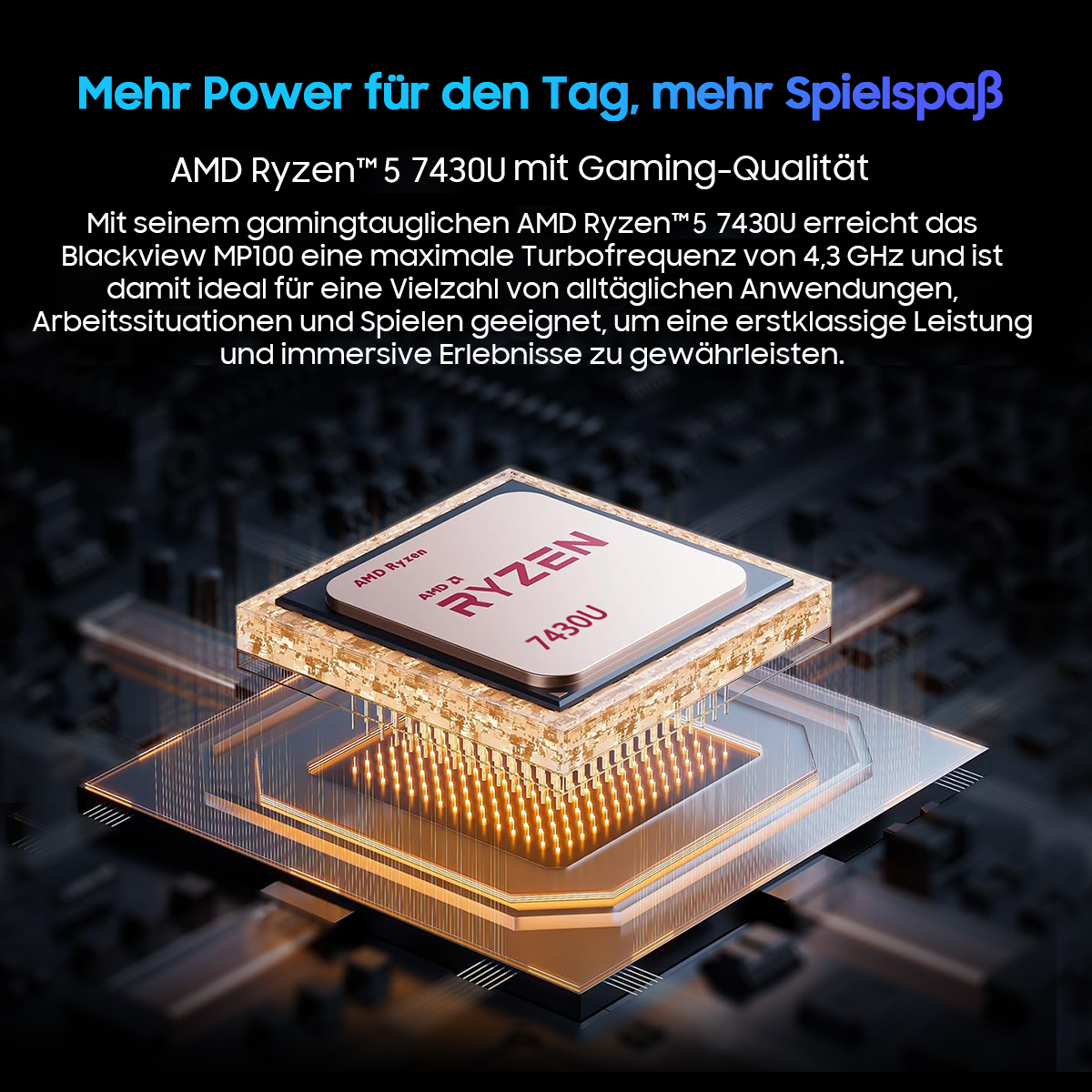 Ein AMD Ryzen-Prozessor mit der Bezeichnung Ryzen 7430U, mit Text und Grafiken, und dunklem Hintergrund.