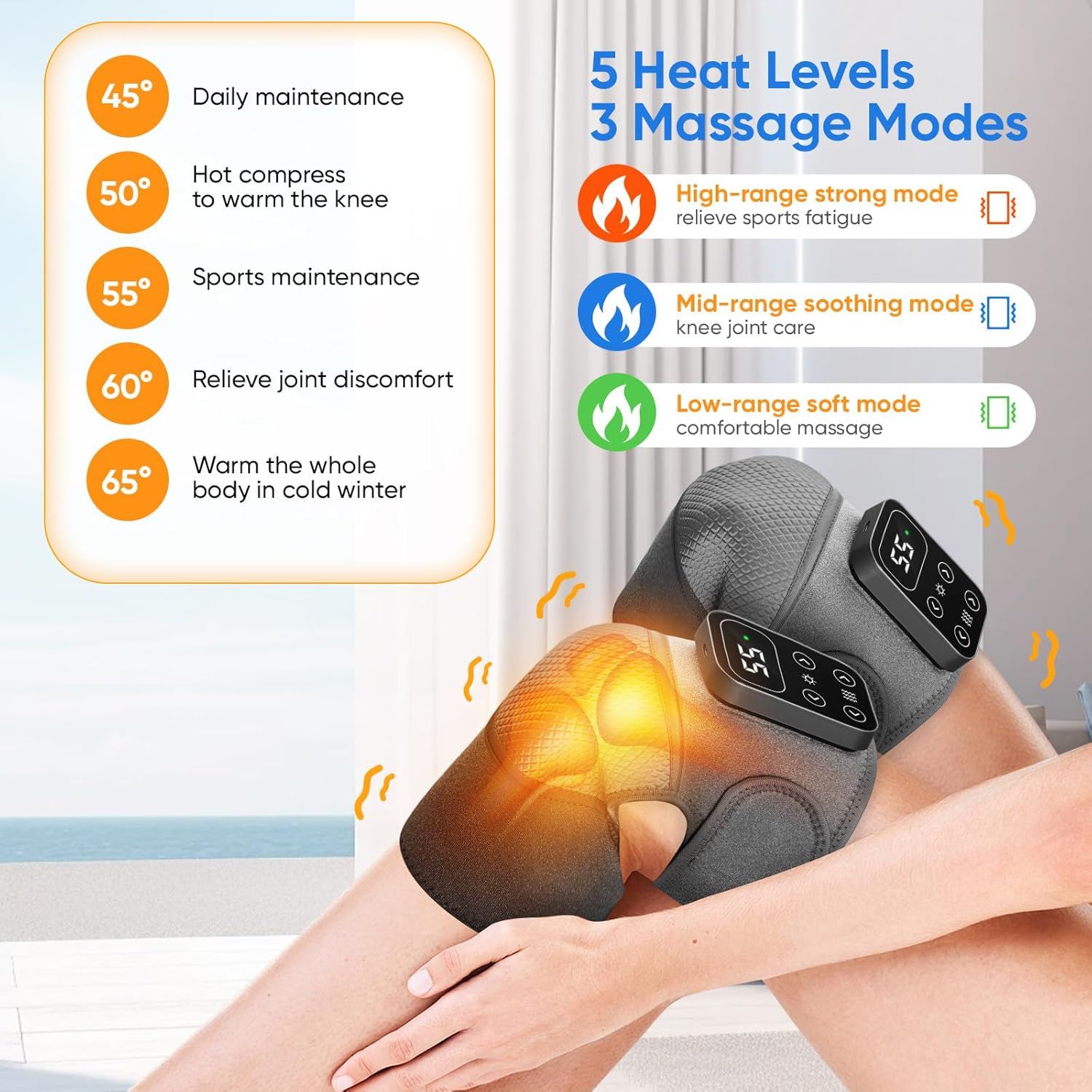 Knie-Massagegerät mit Heizstufen und Massagemodi. Zeigt Temperaturstufen und Funktionen wie Sportwartung und Gelenkentlastung an.