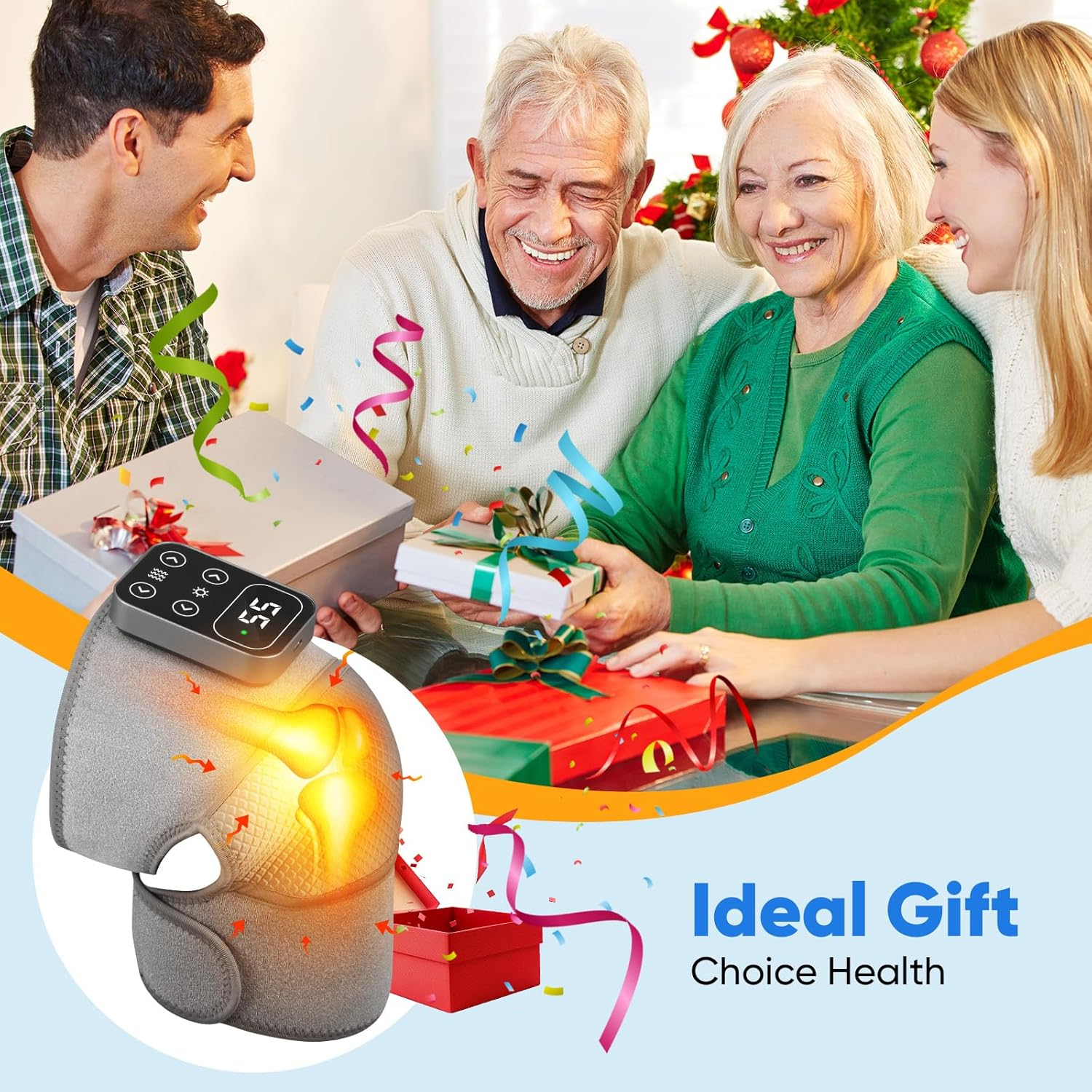 Familie tauscht Geschenke am Weihnachtsbaum aus. Ein Kniemassagegerät wird als ideales Geschenk hervorgehoben, mit Choice Health-Branding.