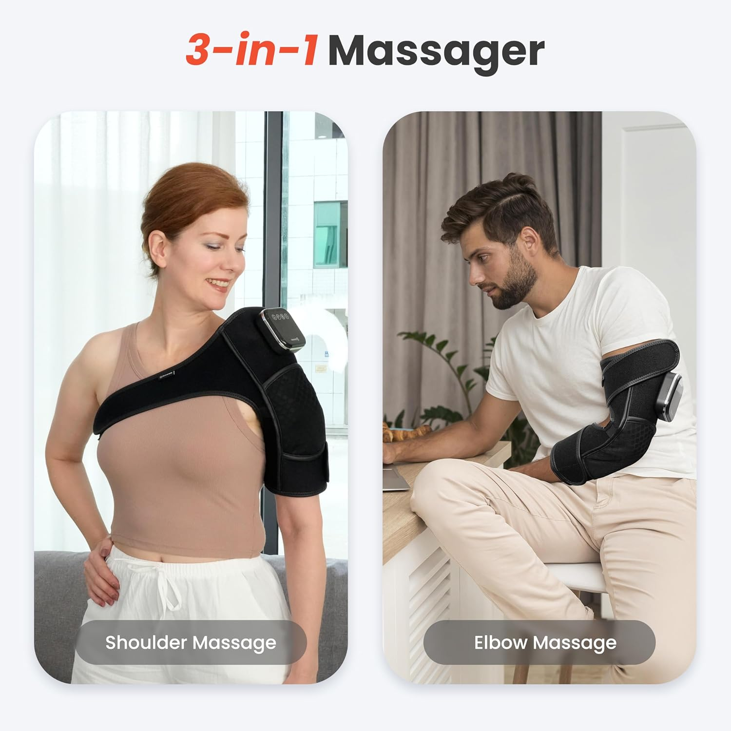 Bild zeigt 3-in-1-Massagegerät. Eine Frau benutzt es an der Schulter, der andere Mann am Ellbogen. Texte auf dem Bild sagen 'Schultermassage' und 'Ellbogenmassage'.