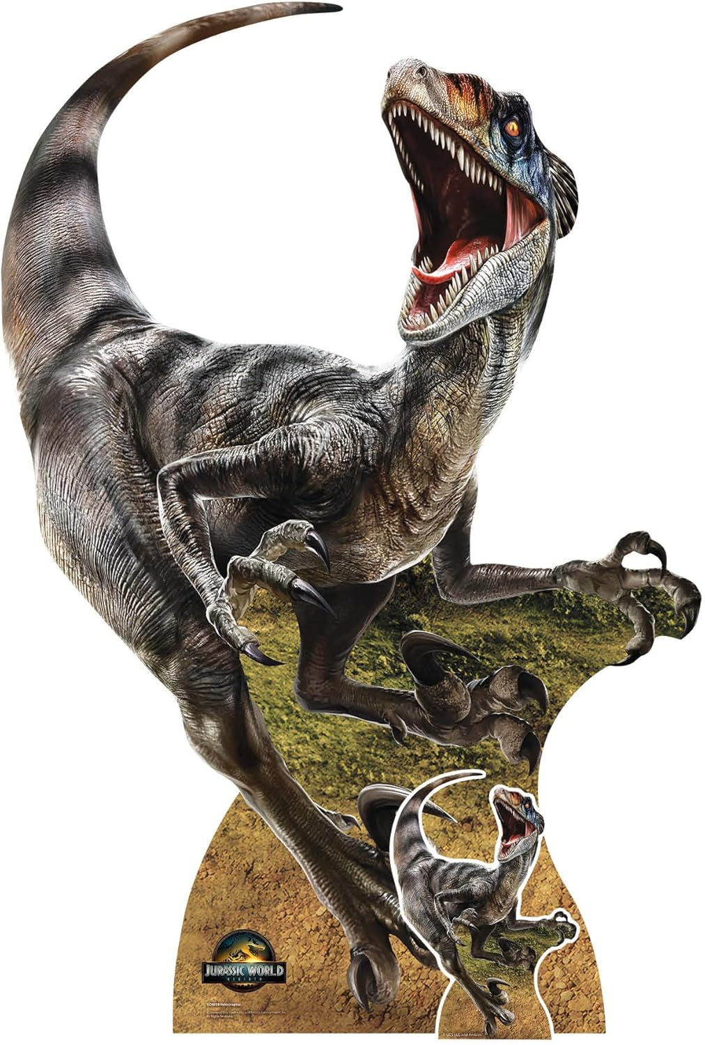 Ein großes, detailliertes Bild eines Velociraptor-Dinosauriers mit offenem Maul, ausgestreckten Krallen und einem kleineren Dinosaurier im Hintergrund.