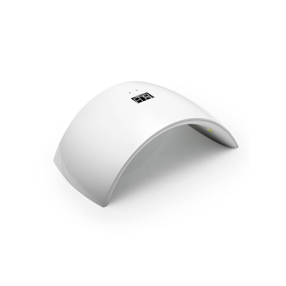 Eine weiße Nagellampe, bogenförmig mit digitaler Anzeige. Sie steht auf einer weißen Oberfläche. Das Design ist modern und elegant.