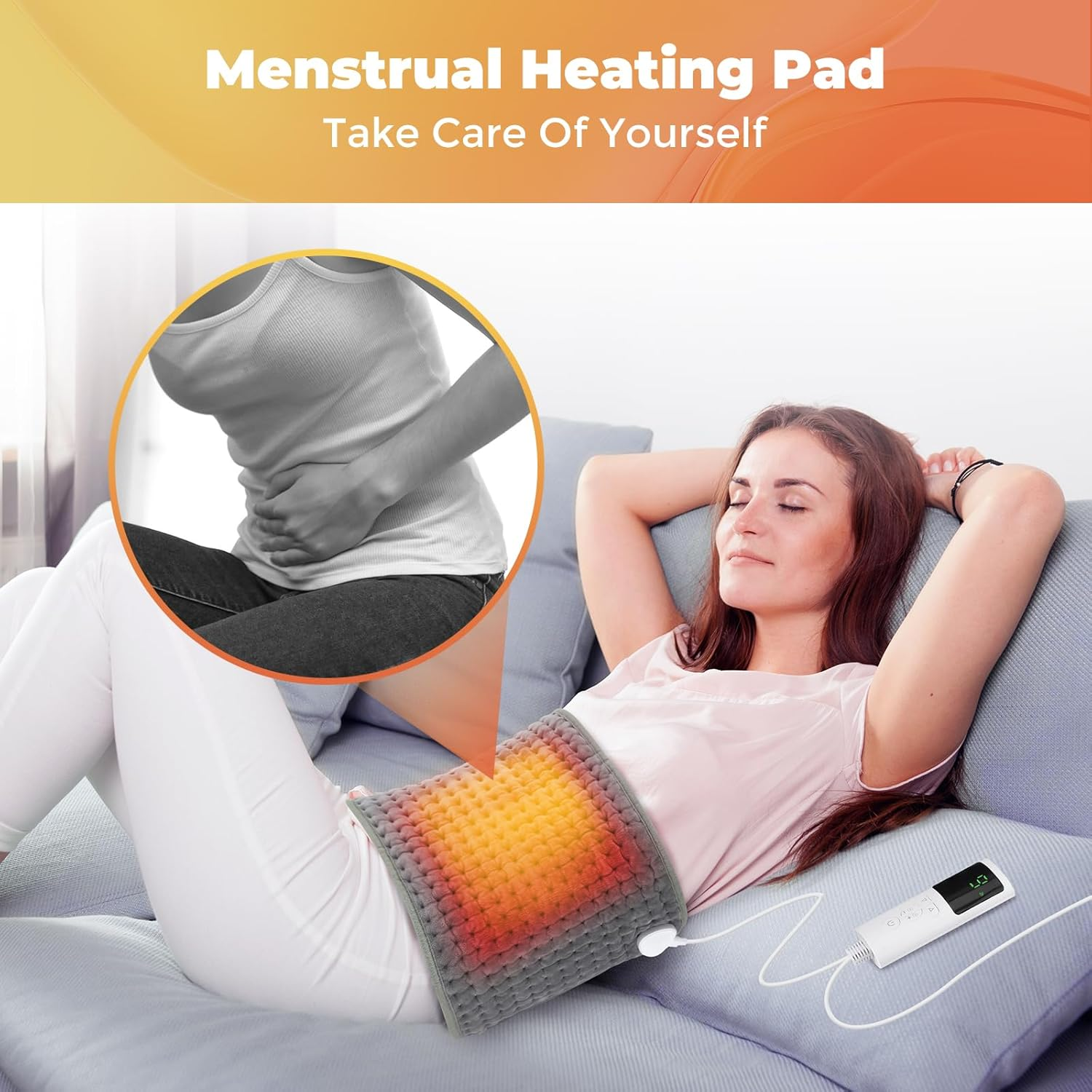 Frau mit Heizkissen, mit einem eingesetzten Bild von Bauchschmerzen. Text: Menstruations-Heizkissen. Kümmern Sie sich um sich selbst.