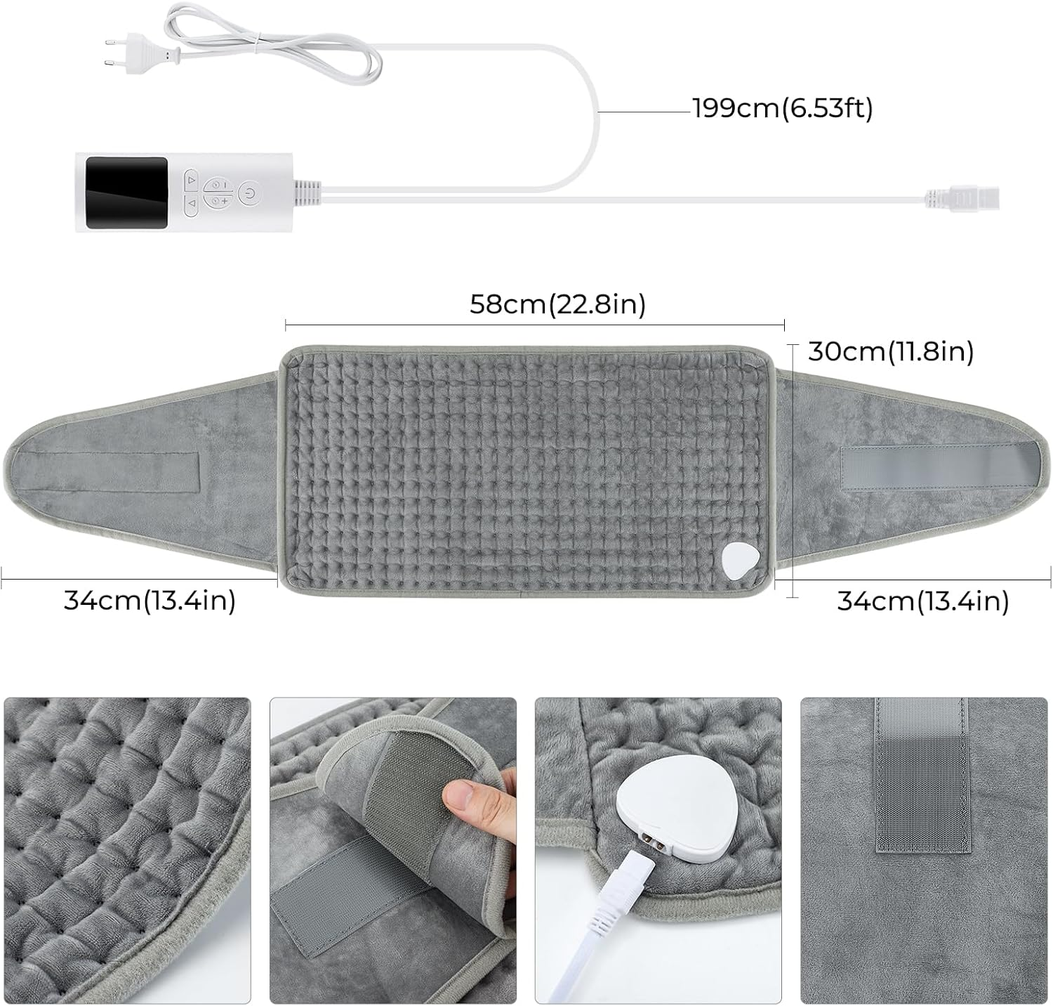 Ein graues Heizkissen mit Bedieneinheit und Netzkabel wird angezeigt. Abmessungen sind mit Messungen in cm und Zoll angegeben.