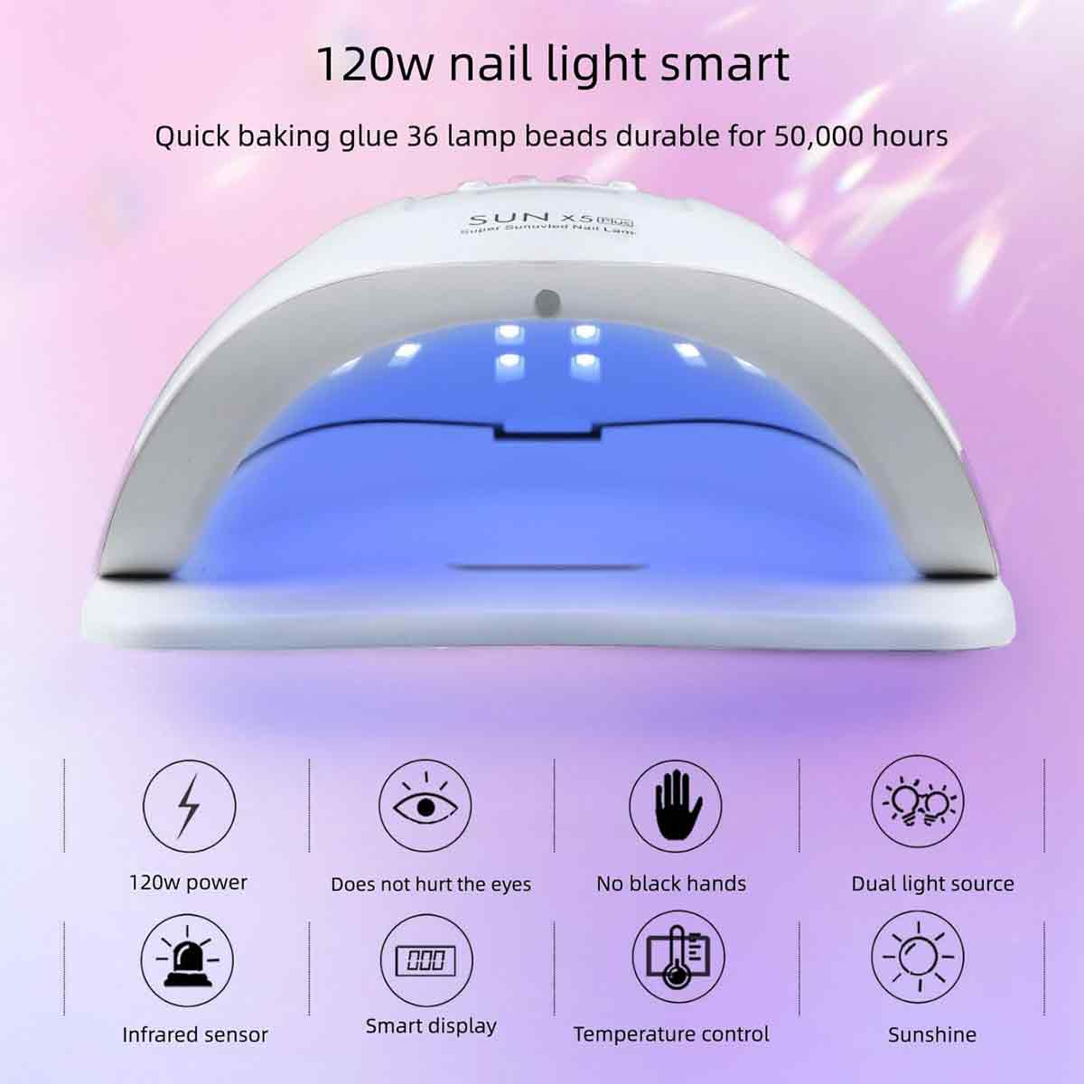 Eine Nagellampe mit der Aufschrift '120w nail light smart'. Sie hat Symbole für Leistung, Augensicherheit, Handsicherheit, Lichtquelle und andere.