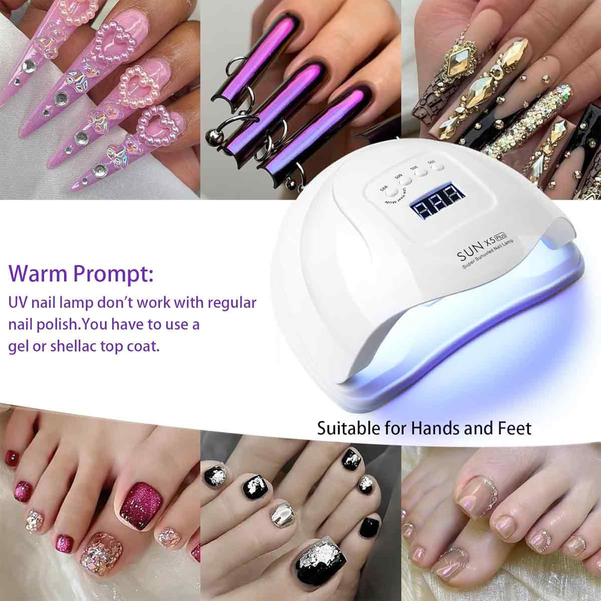 Das Bild zeigt Nagelkunst, eine UV-Lampe und Füße mit Nagellack. Text: Geeignet für Hände und Füße, warmer Hinweis zu Nagellack.