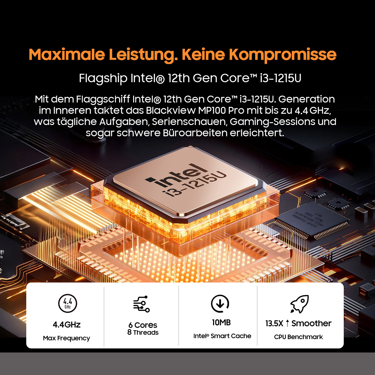 Ein Intel i3-1215U Prozessor auf einer Platine. Merkmale: 4,4 GHz, 6 Kerne/8 Threads, 10 MB Cache und 13,5x glatter.