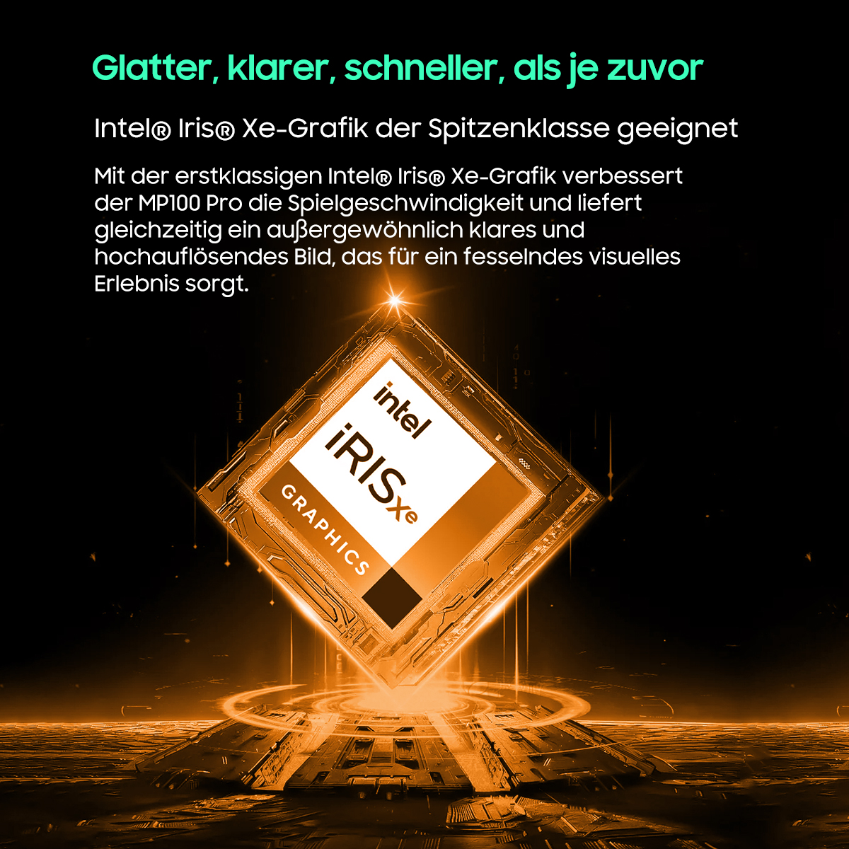 Ein orangefarbener Intel Iris Xe-Grafikchip schwebt über einer Plattform. Oben steht: 'glatter, klarer, schneller als je zuvor'.