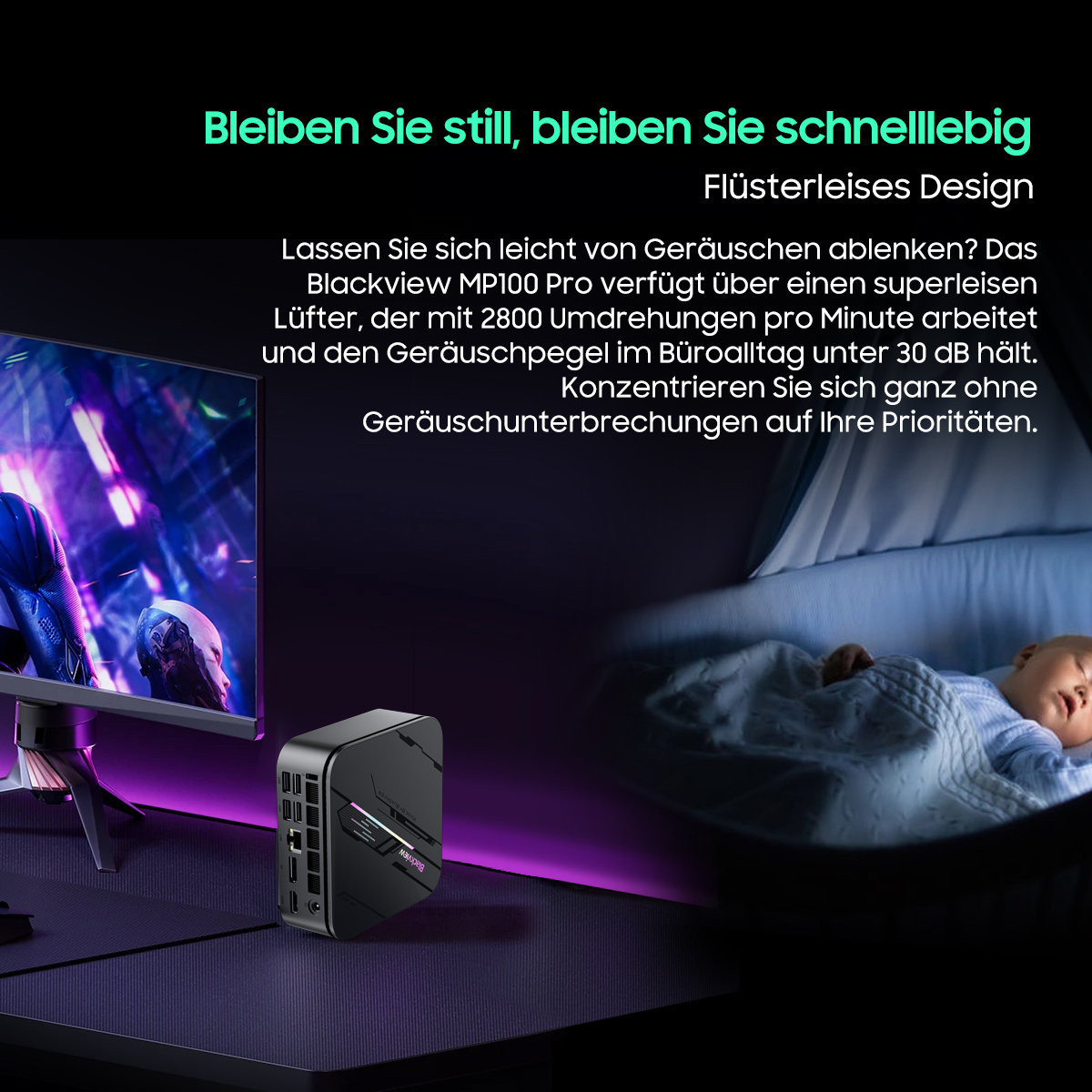 Ein schwarzer Mini-PC, Monitor und ein schlafendes Baby. Der Text wirbt für leisen Betrieb.