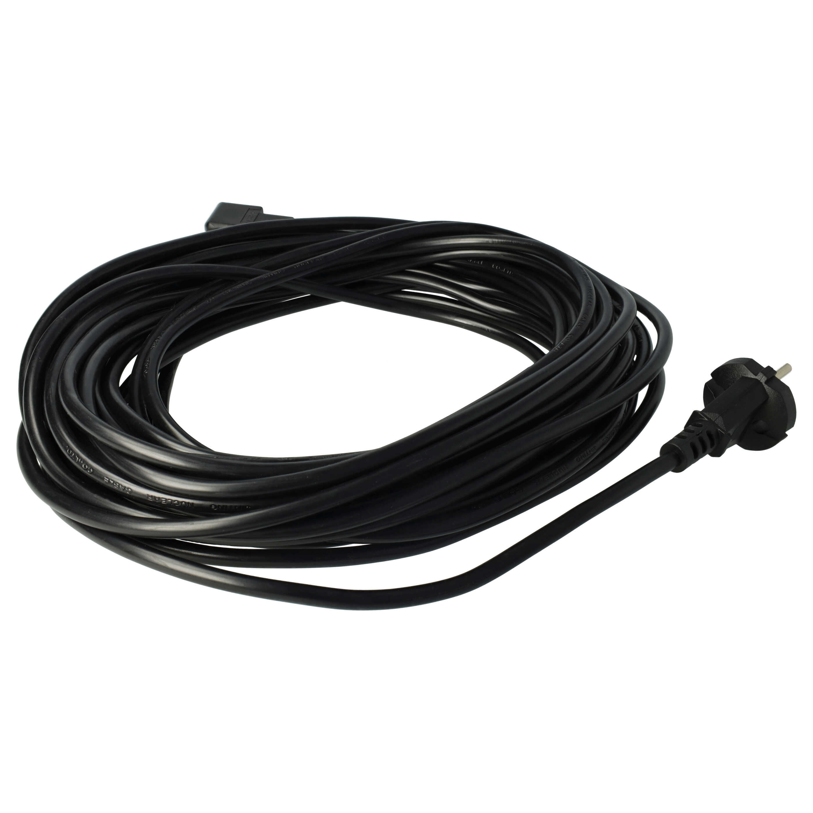 Schwarzes Netzkabel aufgerollt, mit Stecker rechts. Der Hintergrund ist weiß.