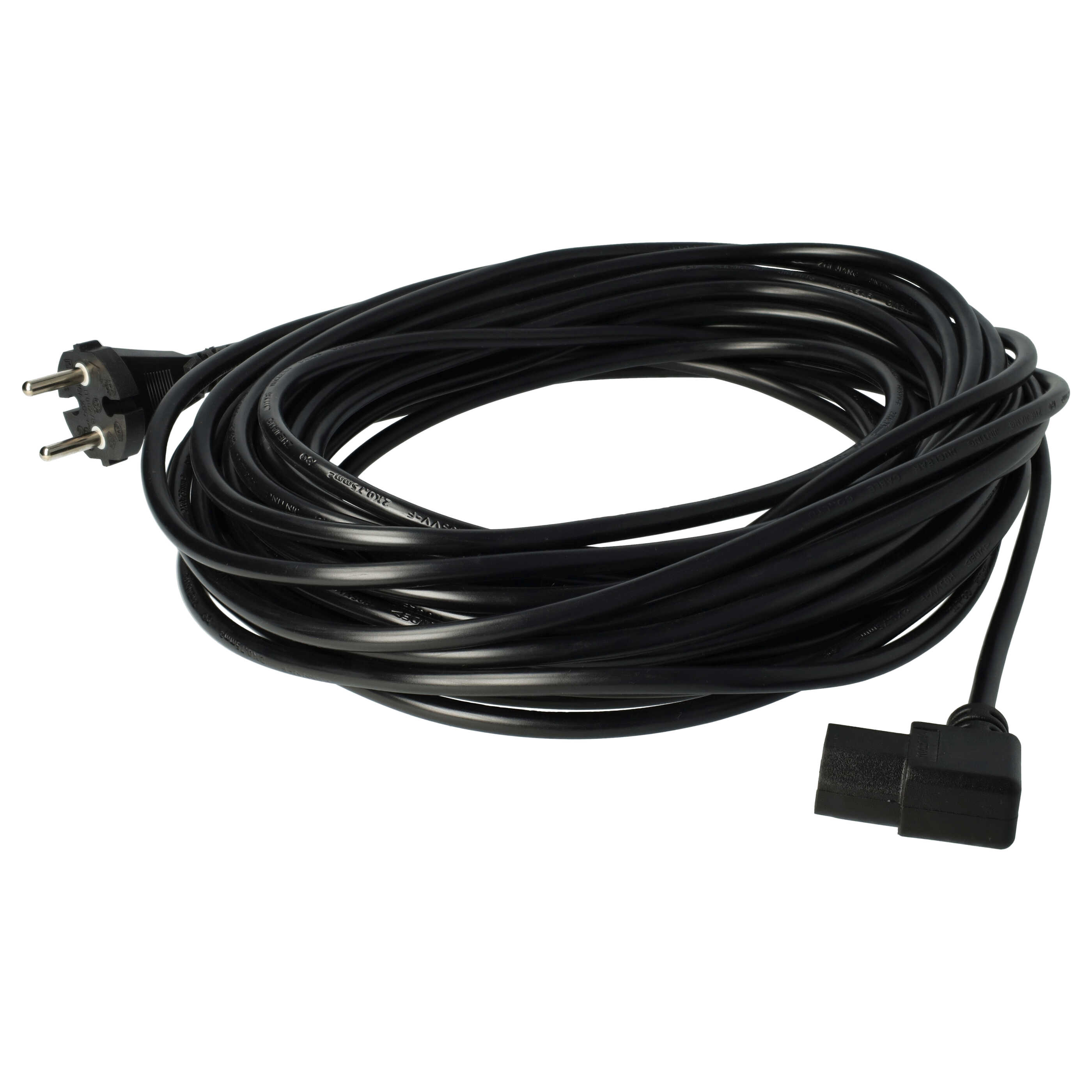 Ein schwarzes Netzkabel mit Stecker und Anschluss. Das Kabel ist auf weißem Hintergrund aufgerollt.