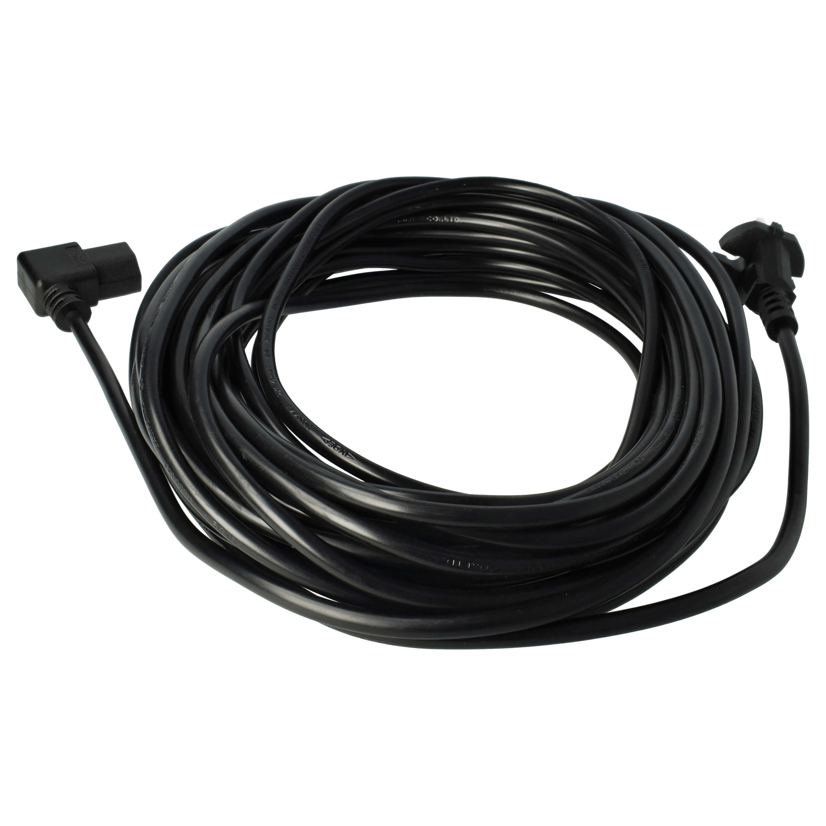 Ein schwarzes Netzkabel ist auf einer weißen Oberfläche aufgerollt. Es hat zwei Stecker, einer ist abgewinkelt.