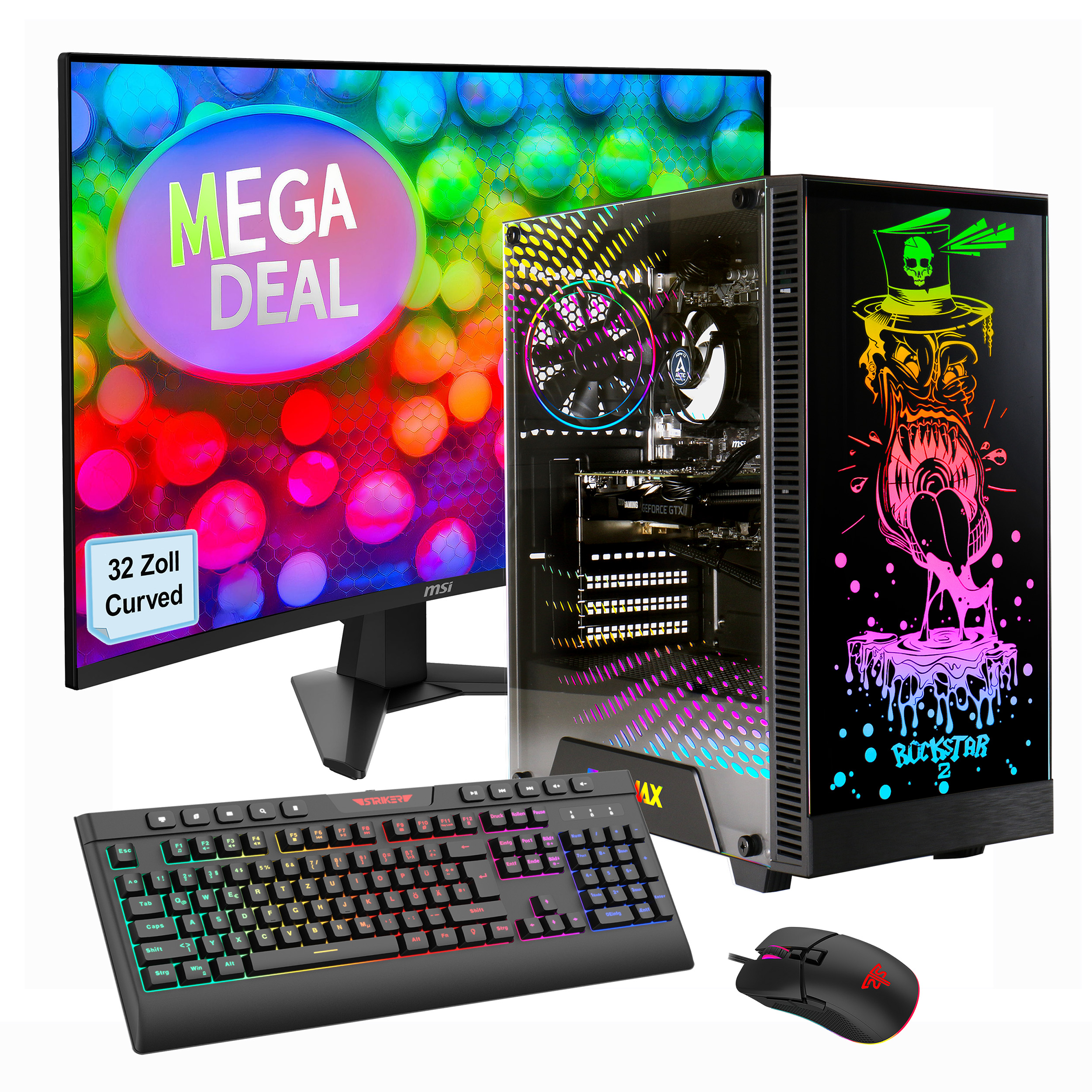 Gaming-PC-Setup mit Monitor, der 'MEGA DEAL' anzeigt, Tastatur, Maus. PC-Gehäuse hat farbenfrohes Design.