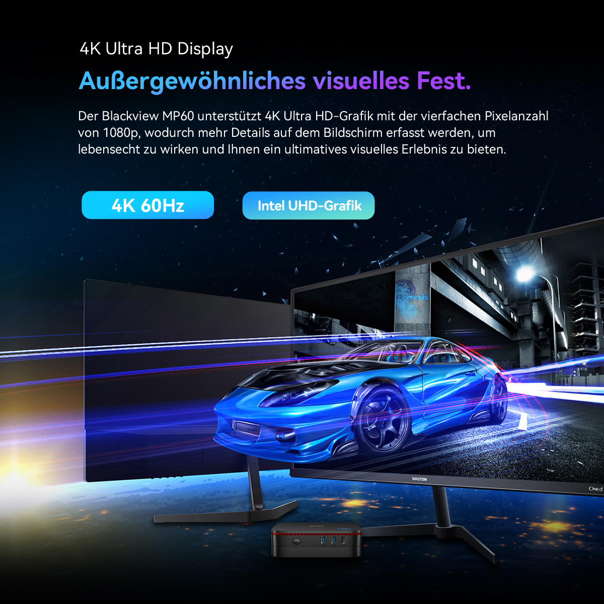 Blauer Sportwagen auf einem Bildschirm. Szene zeigt auch Display, schwarze Box und Text über 4K Ultra HD.