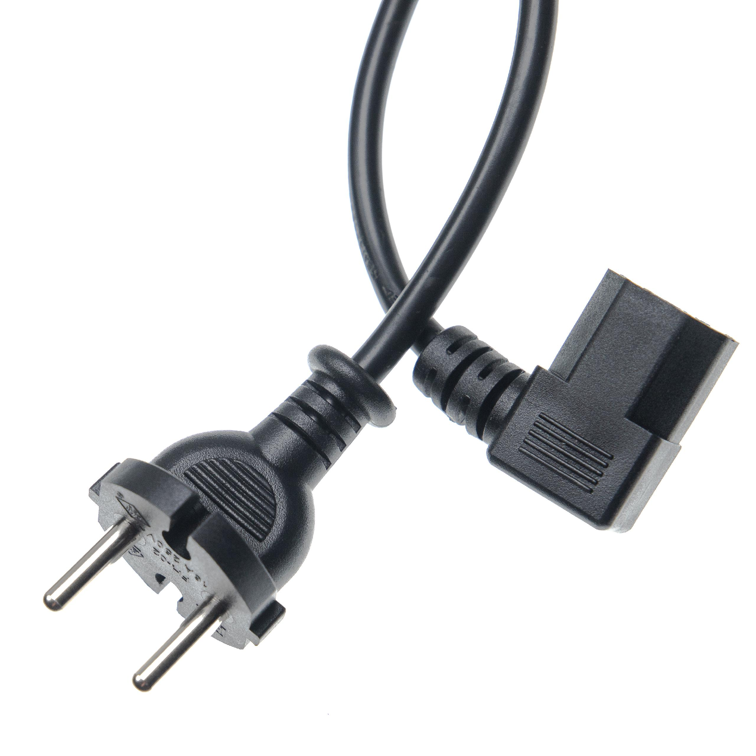 Schwarzes Netzkabel mit zwei Steckern auf weißem Hintergrund. Ein Stecker ist abgewinkelt.
