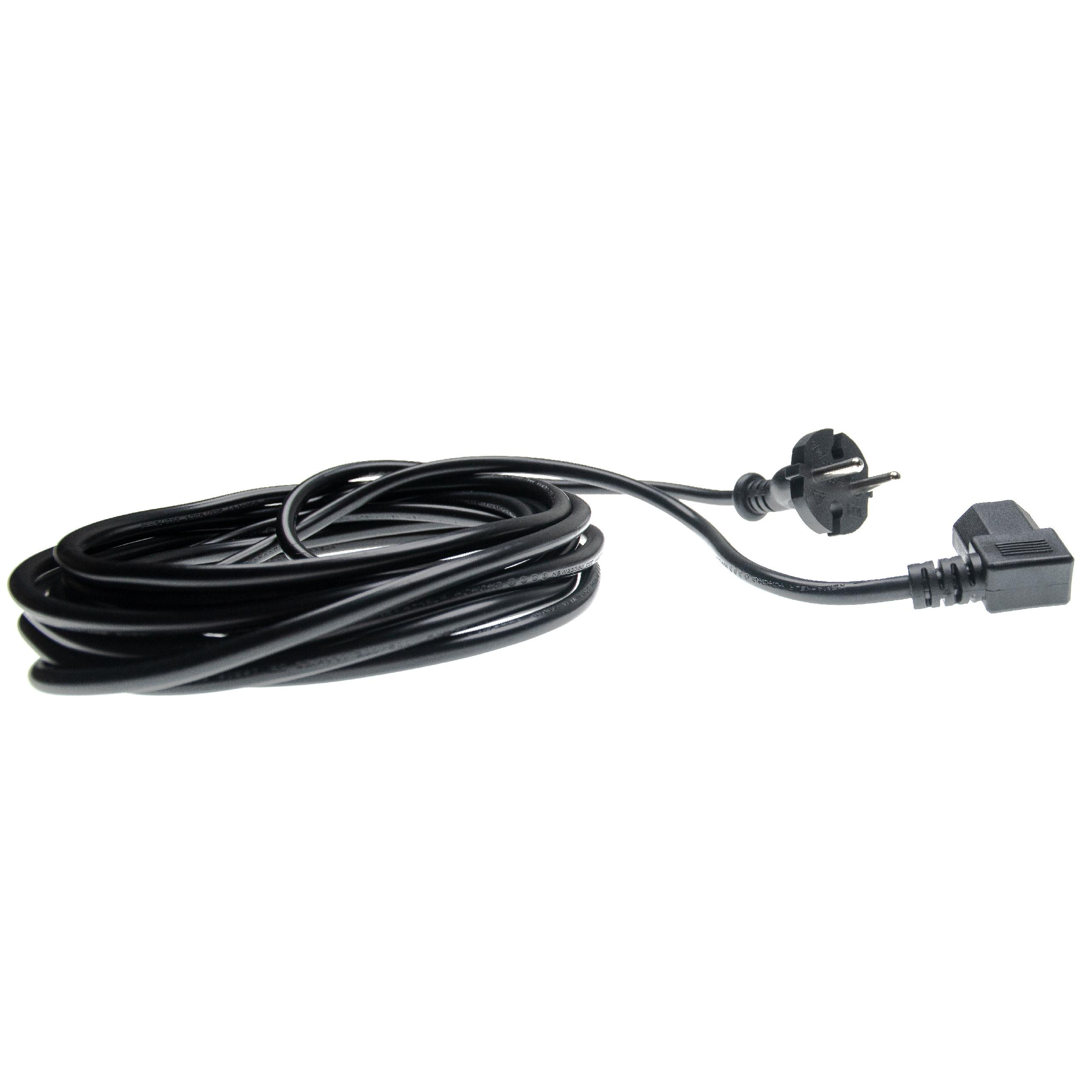 Ein schwarzes Netzkabel mit Eurostecker und Winkelstecker, auf weißem Hintergrund aufgerollt.