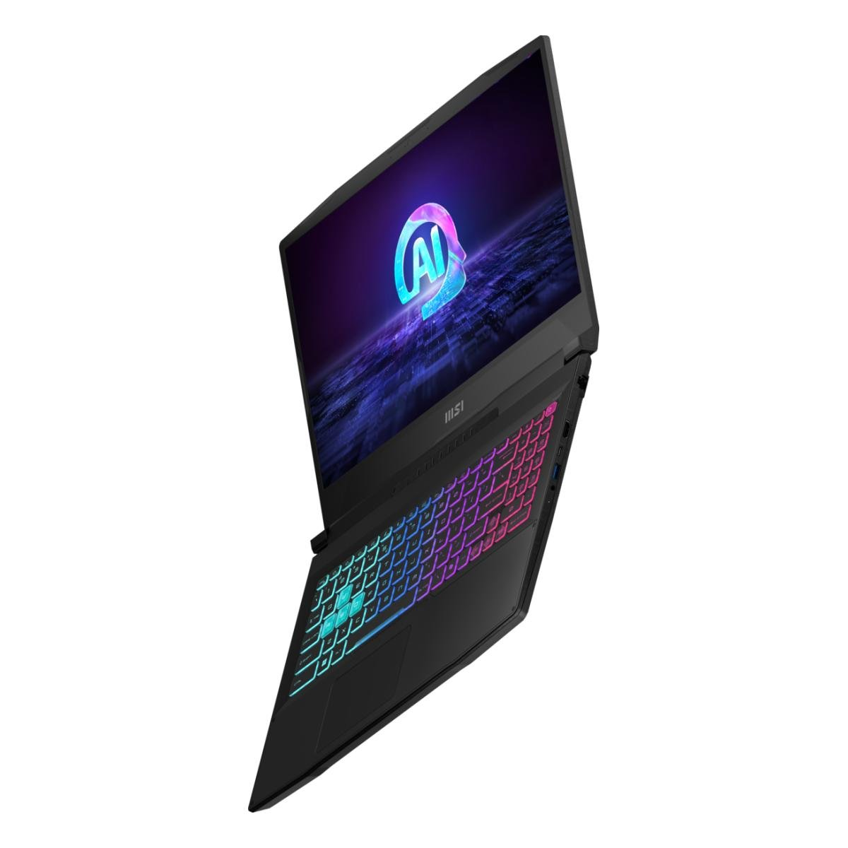 Schwarzer Laptop mit beleuchteter Tastatur. Der Bildschirm zeigt ein lila und blaues KI-Logo. Die Tastatur leuchtet in verschiedenen Farben.