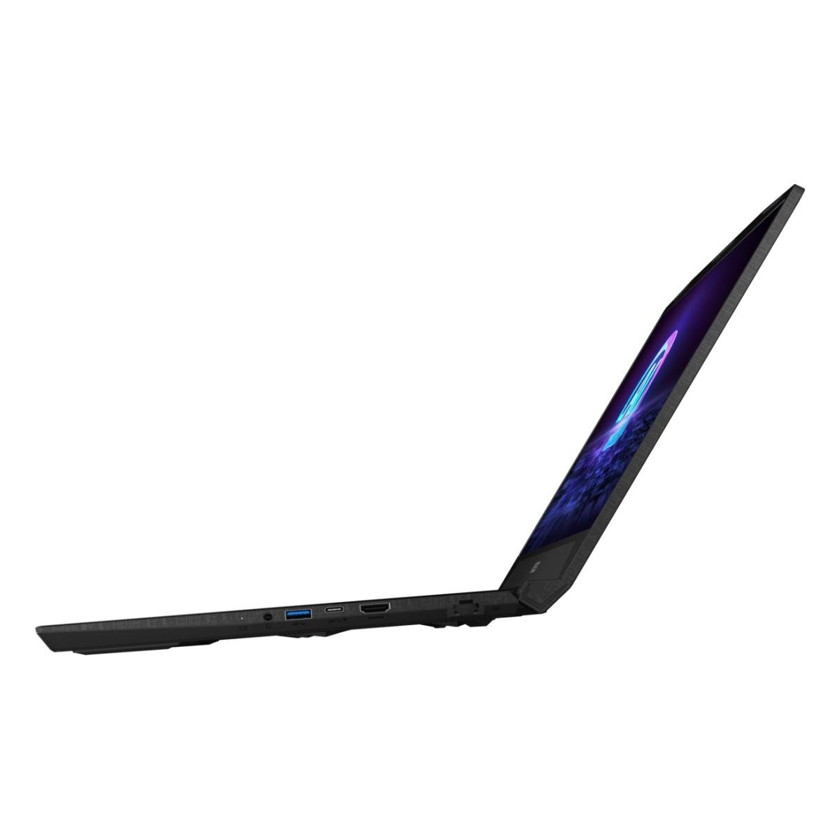 Ein schwarzer Laptop ist leicht geöffnet und zeigt einen lebendigen Bildschirm. Der Laptop ist vor weißem Hintergrund nach oben abgewinkelt.