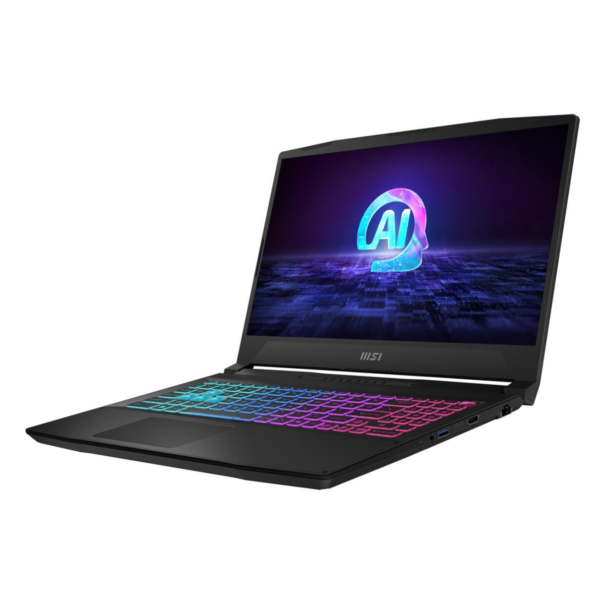 Schwarzer MSI-Laptop geöffnet. Der Bildschirm zeigt ein KI-Logo. Die Tastatur hat regenbogenfarbene Tasten. Der Laptop ist leicht zur Seite geneigt.