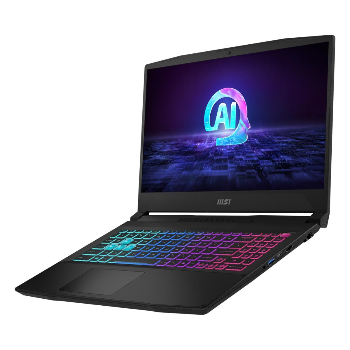 Schwarzer Laptop mit farbenfroher Tastaturbeleuchtung. Der Bildschirm zeigt ein Logo mit 'AI'. Der Laptop ist angewinkelt und offen.