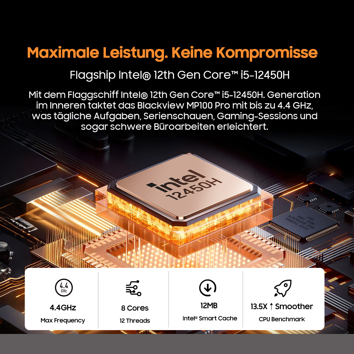 Das Bild zeigt einen Intel 12th Gen Core i5-12450H Prozessor. Es hebt Funktionen wie 4,4 GHz, 8 Kerne/12 Threads, 12 MB Cache und 13,5X Smooth hervor.