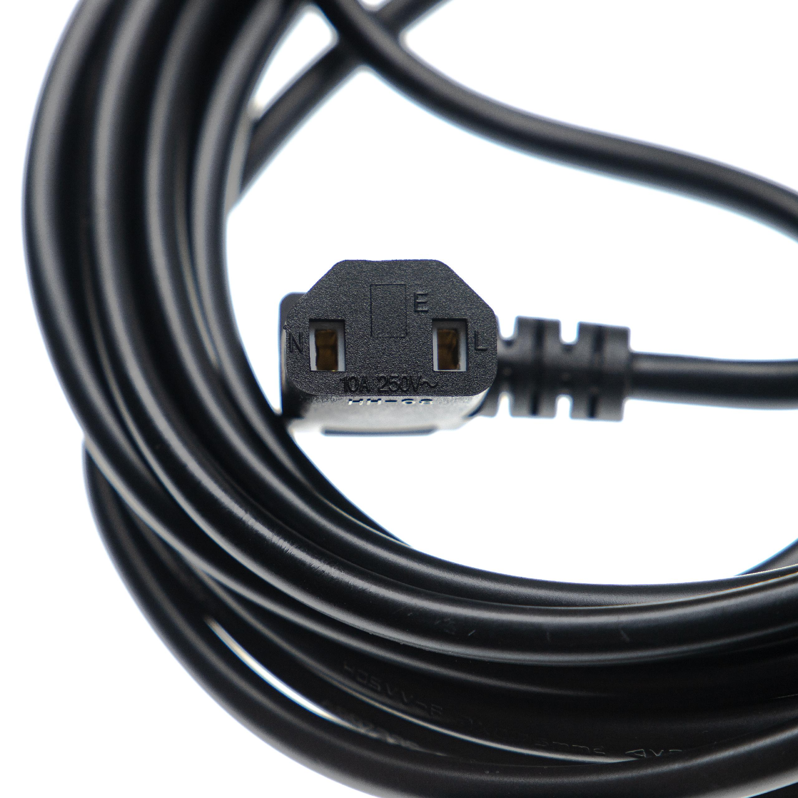 Schwarzes Netzkabel mit einem Zweipol-Stecker, aufgerollt. Weißer Hintergrund.