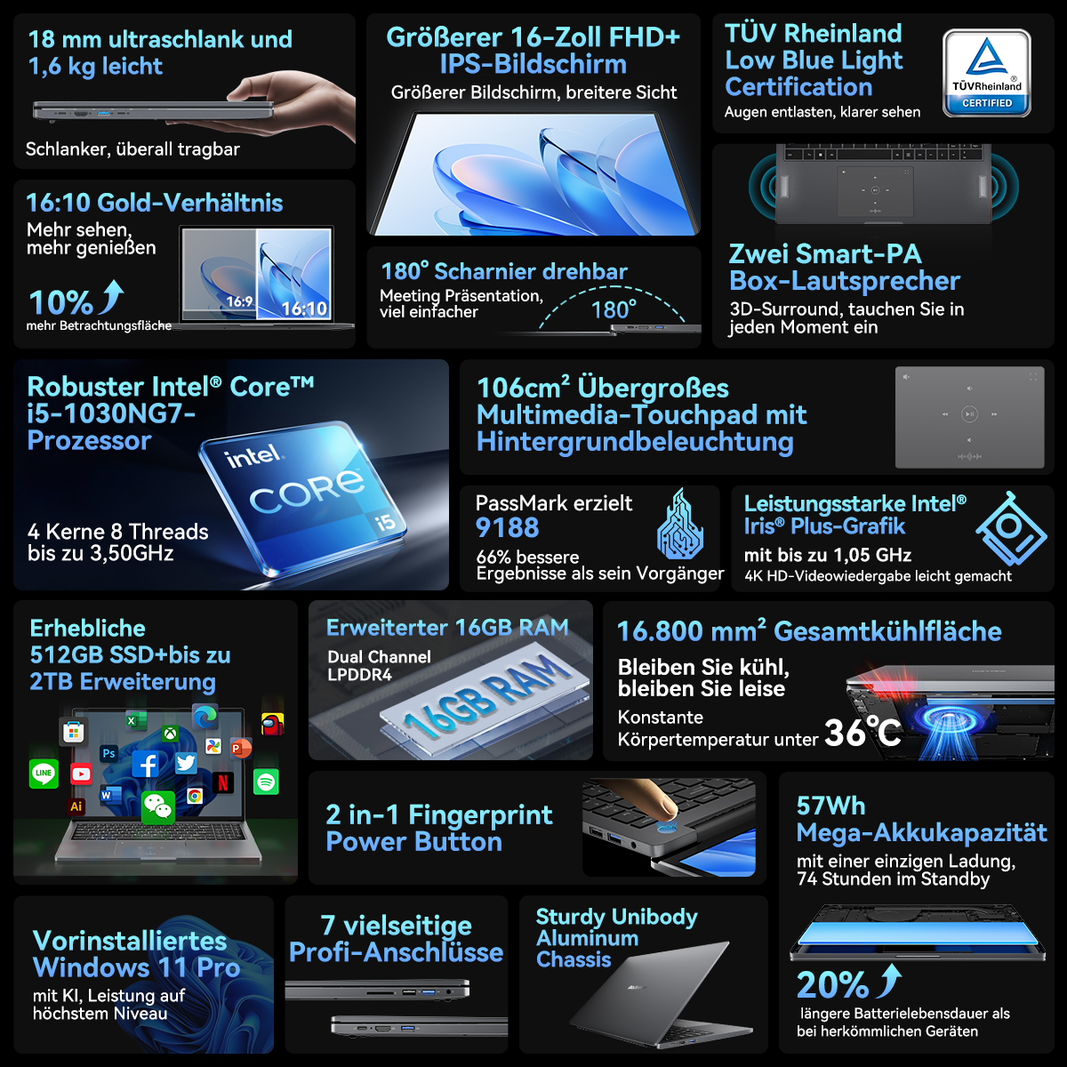 Laptop mit 16-Zoll-FHD-Bildschirm, 16GB RAM und Intel Core i5-Prozessor. Außerdem Fingerabdrucksensor und Aluminiumgehäuse.