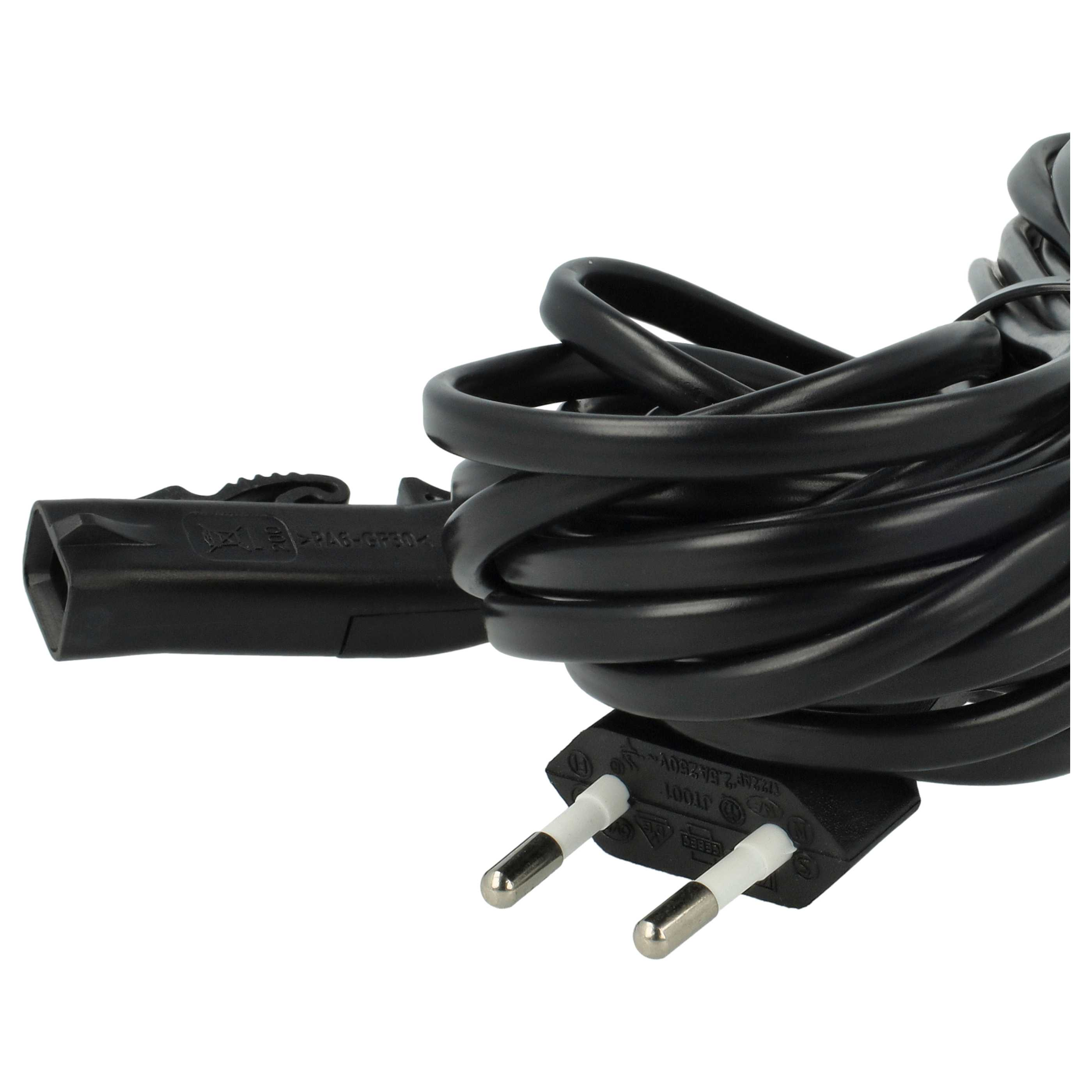 Ein schwarzes Netzkabel mit Stecker ist aufgerollt. Der Stecker hat zwei silberne Stifte und ein schwarzes Kunststoffgehäuse.