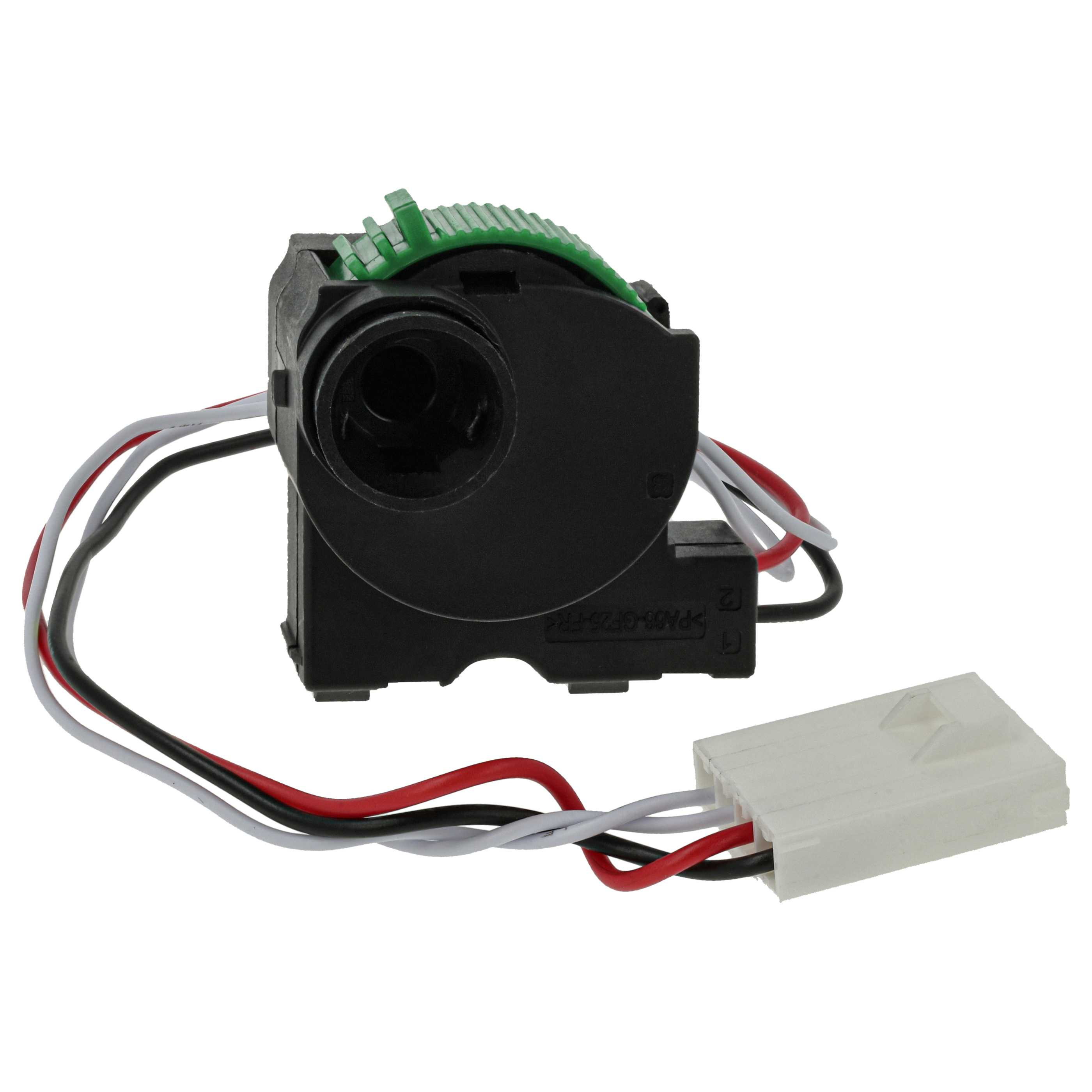 Schwarzes und grünes elektronisches Bauteil mit Drähten und einem weißen Stecker. Drähte sind rot, schwarz und weiß.
