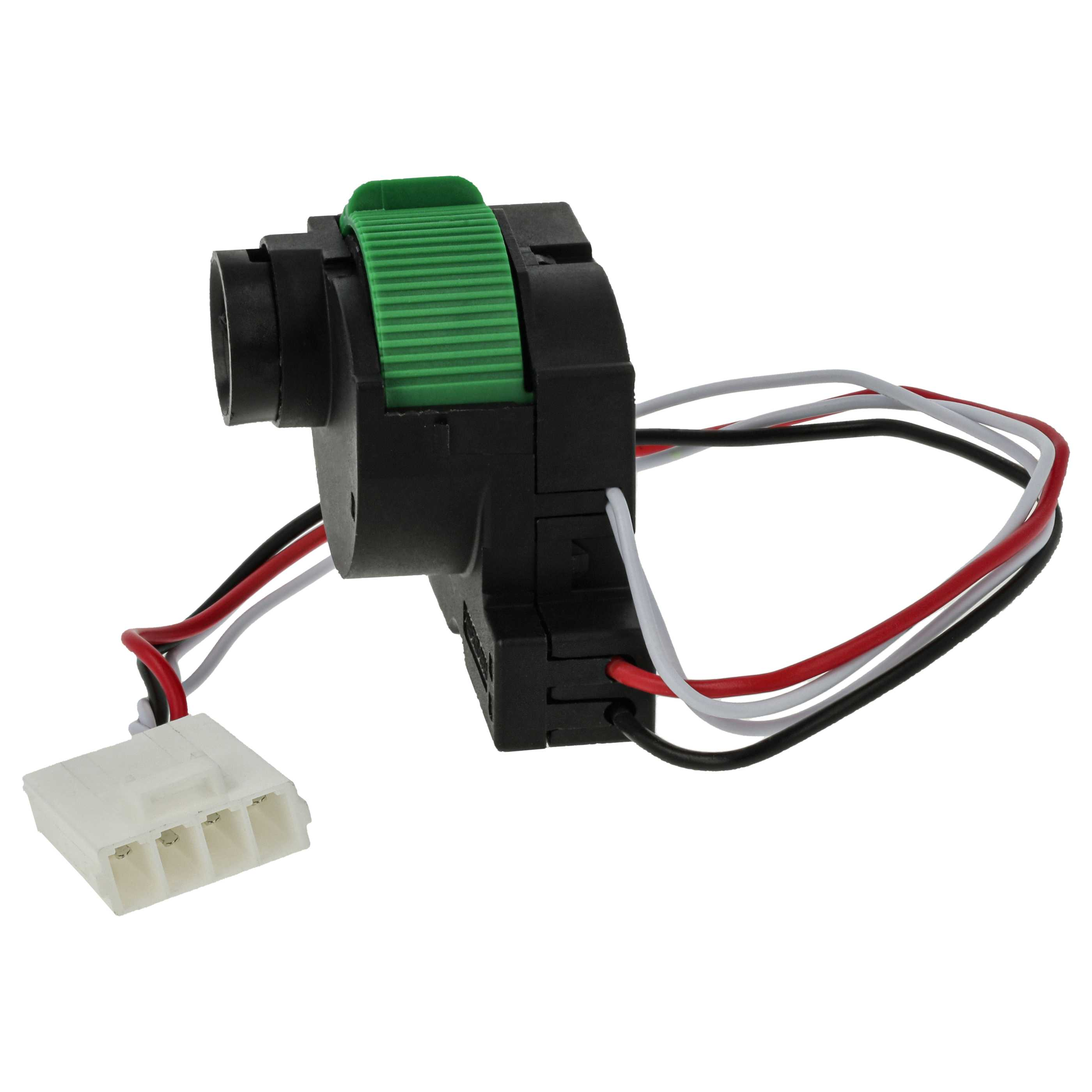 Schwarzes und grünes elektrisches Bauteil mit Drähten und weißem Stecker. Drähte sind rot, schwarz und weiß. Grünes Teil ist ein Schalter.