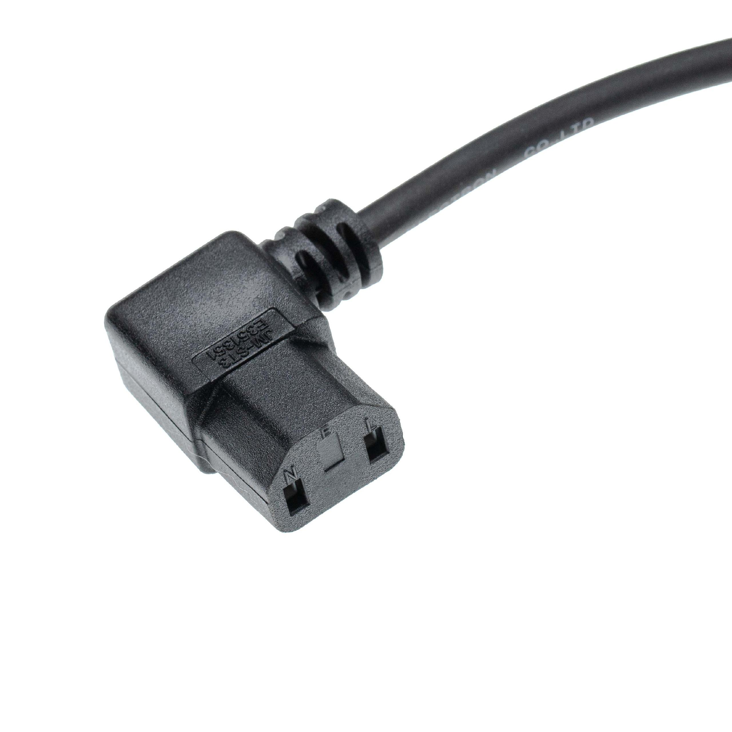 Schwarzer Stromkabelanschluss vor weißem Hintergrund. Der Anschluss hat drei Löcher und ein gebogenes Kabel.