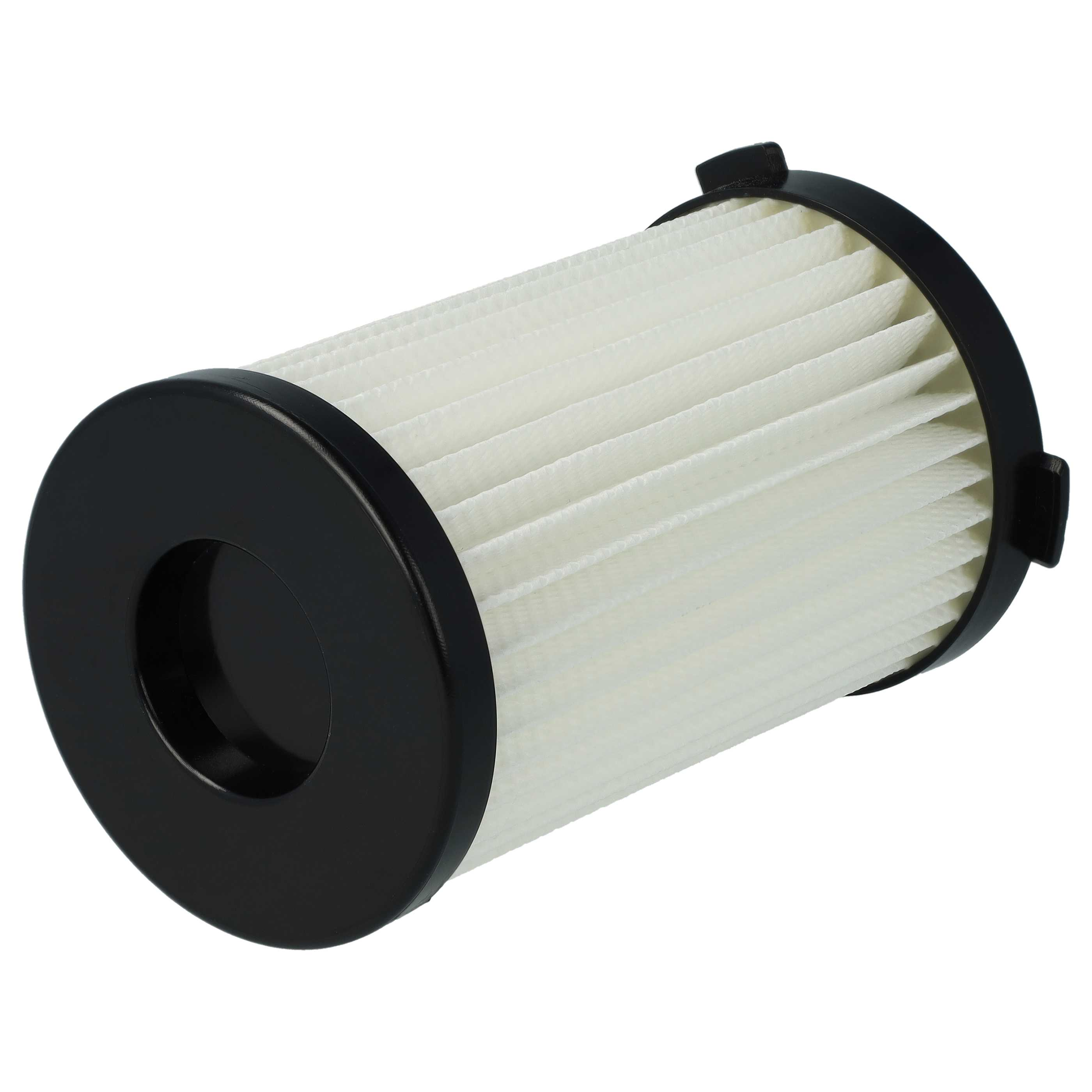 Ein zylindrischer Luftfilter. Er hat weißes, plissiertes Filterpapier und schwarze Kunststoffendkappen.