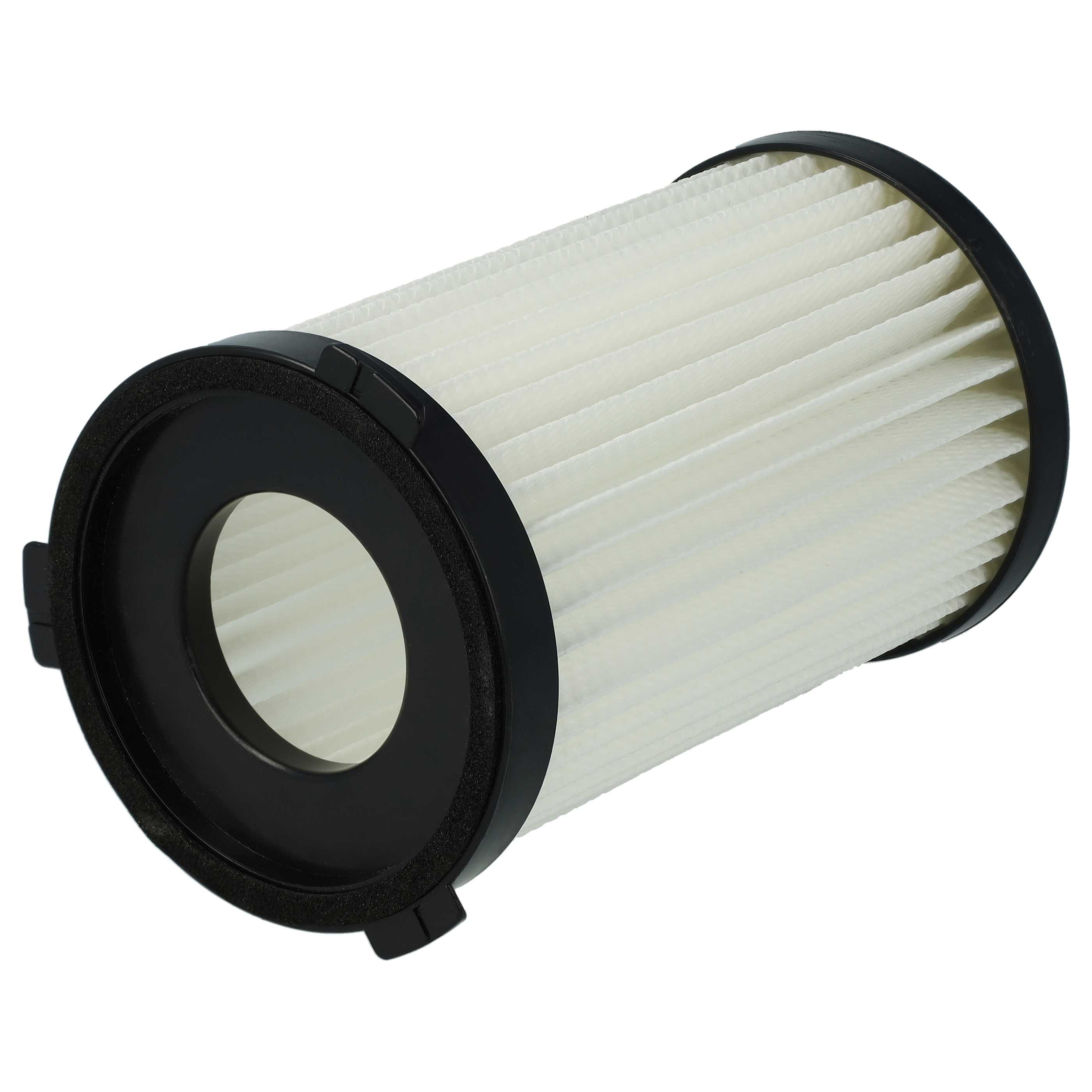 Ein zylindrischer Staubsaugerfilter. Es hat einen weißen Faltenfilter, der von schwarzen Kunststoffringen umgeben ist.