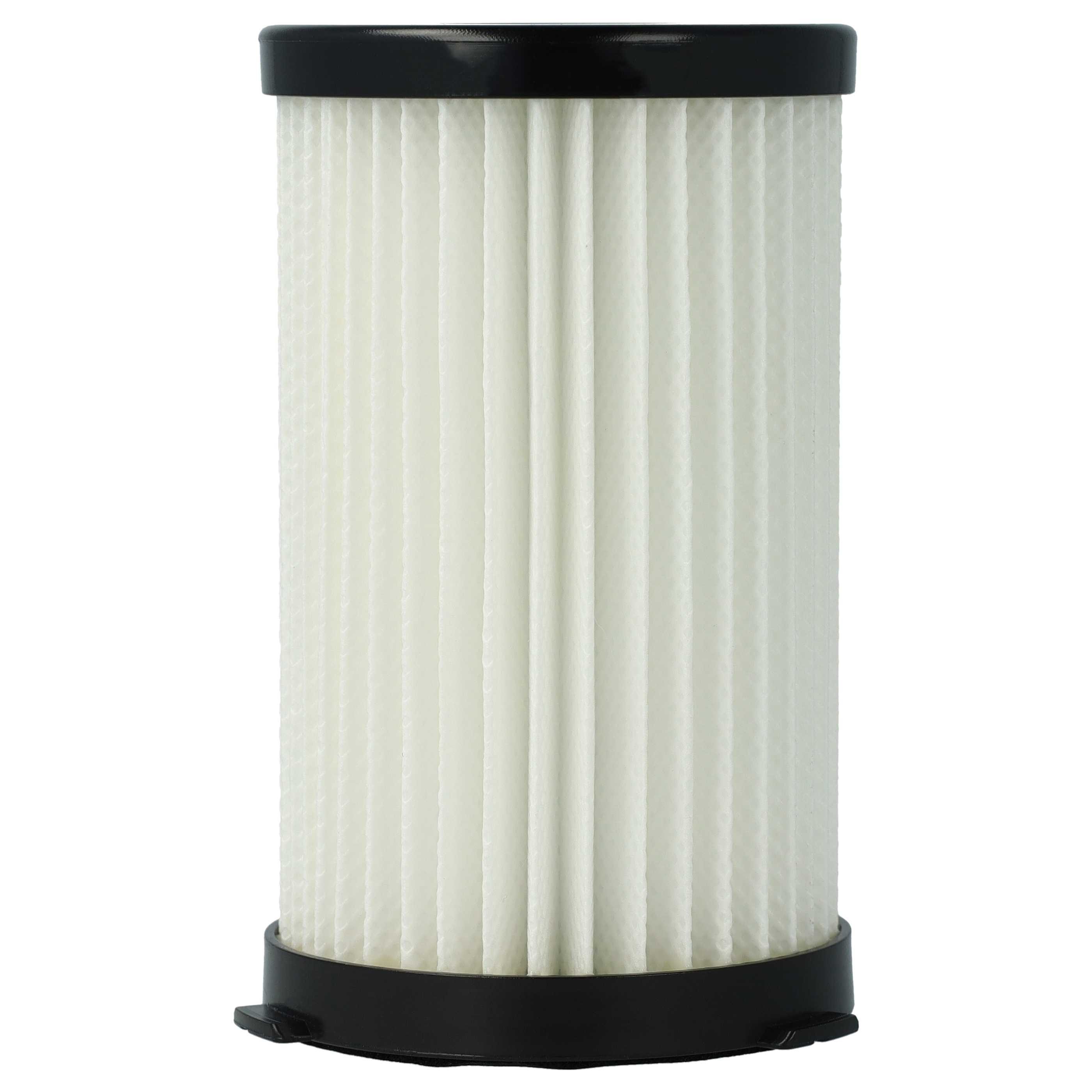 Ein zylindrischer Luftfilter mit schwarzen Enden und einem weißen, plissierten Filterkörper. Isoliert auf weißem Grund.