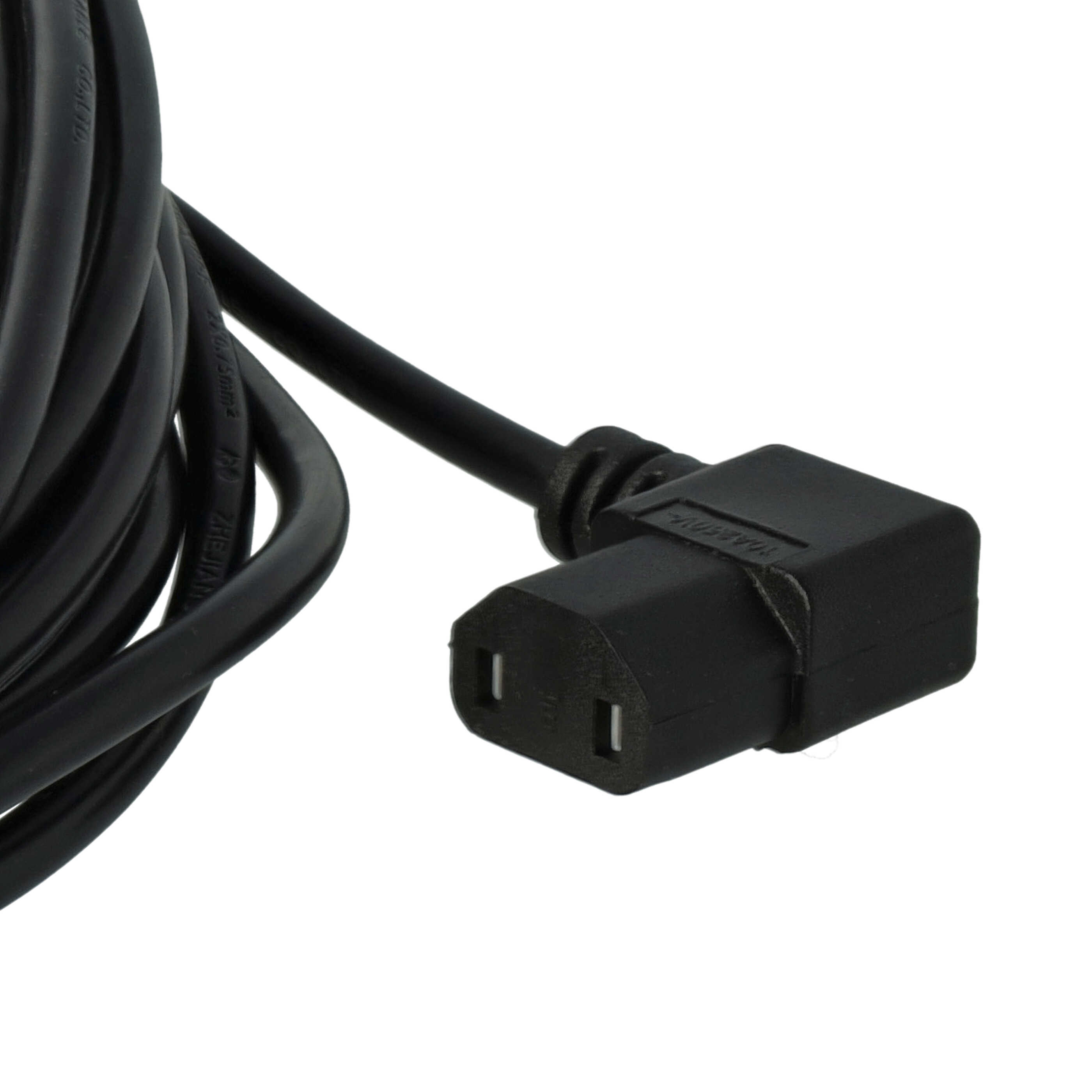 Schwarzes Netzkabel mit rechtwinkligem Stecker. Das Kabel ist aufgerollt. Weißer Hintergrund.