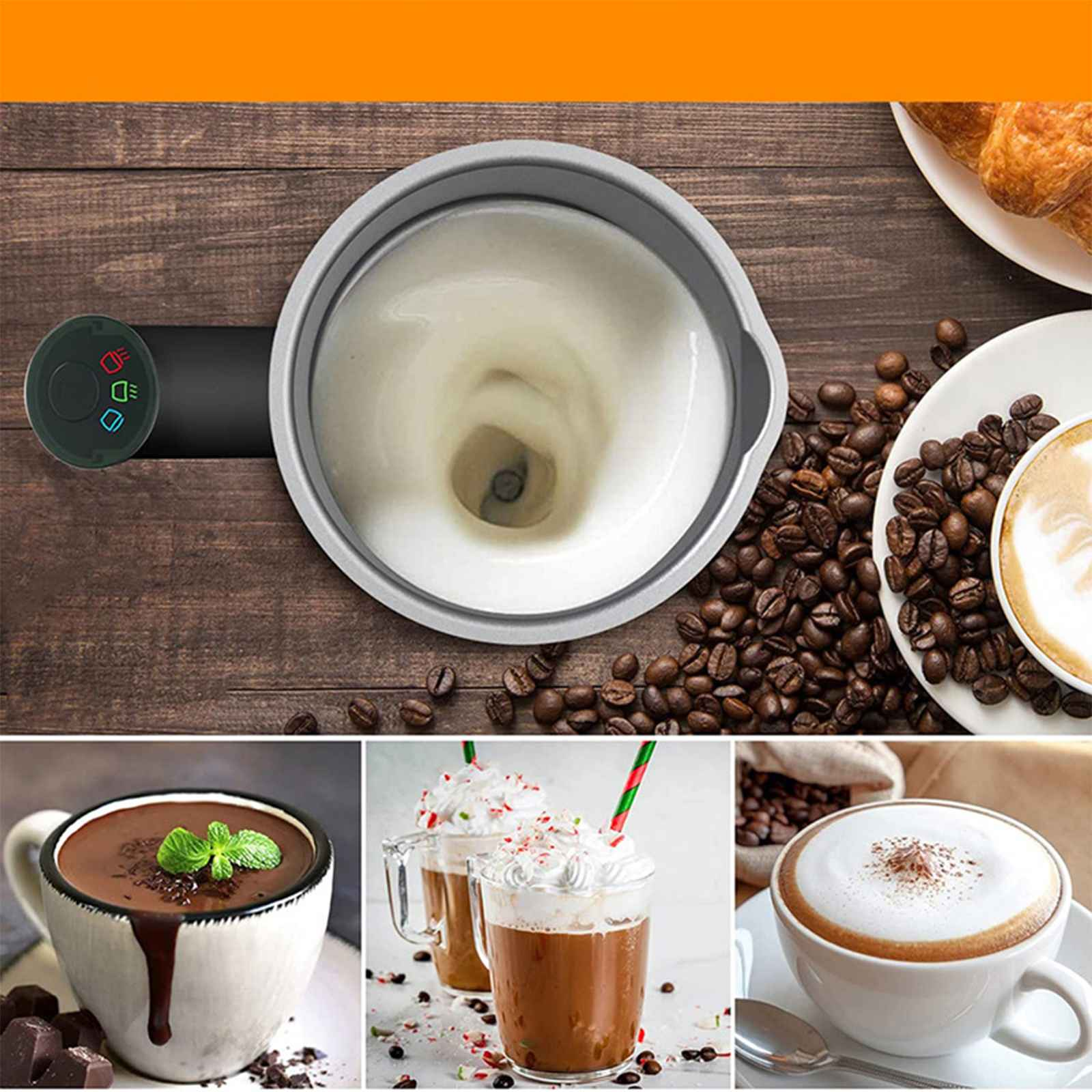 Draufsicht: Aufschäummaschine, Kaffeebohnen, Kaffeetassen und heiße Schokolade. Holztisch Hintergrund.