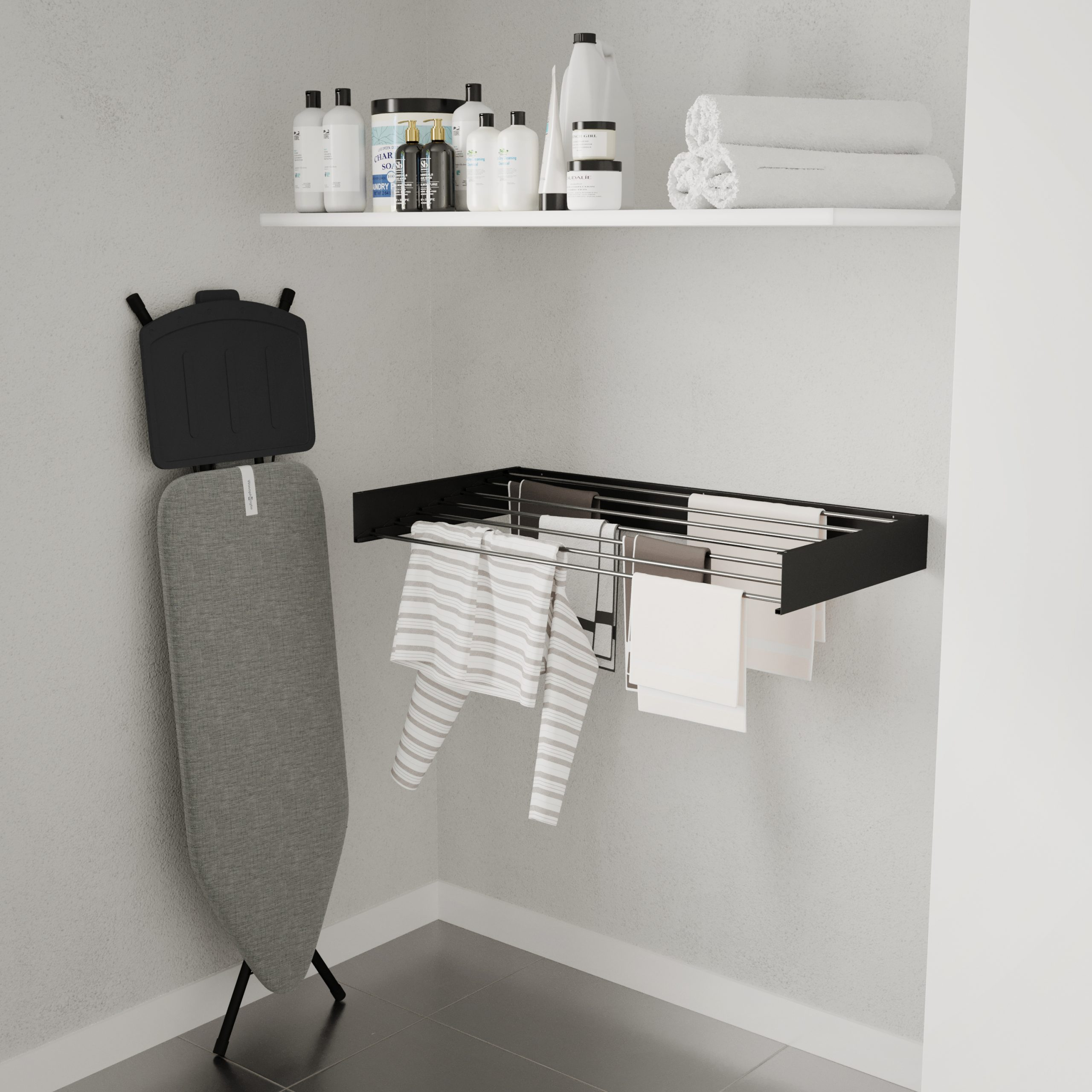 Buanderie avec une table à repasser, un étendoir à linge et une étagère avec produits de nettoyage et serviettes.