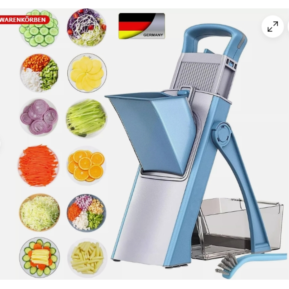 Ein blau-silberner Gemüseschneider mit verschiedenen geschnittenen Gemüse- und Obstsorten. Eine deutsche Flagge wird auch gezeigt.