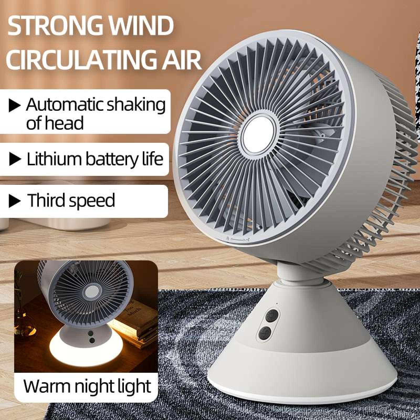 Ein weiß-grauer Oszillationsventilator steht auf einem dunklen Teppich. Der Text erwähnt automatisches Schwenken, Lithiumbatterie und dritte Geschwindigkeit.