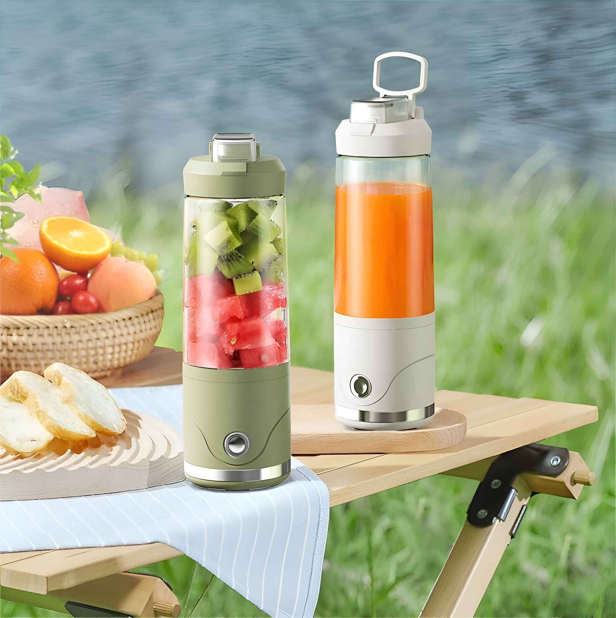Zwei Mixer mit Früchten auf einem Holztisch. Einer hat Wassermelone und Kiwi, der andere Orangensaft. Früchte in einem Korb und Brotscheiben.