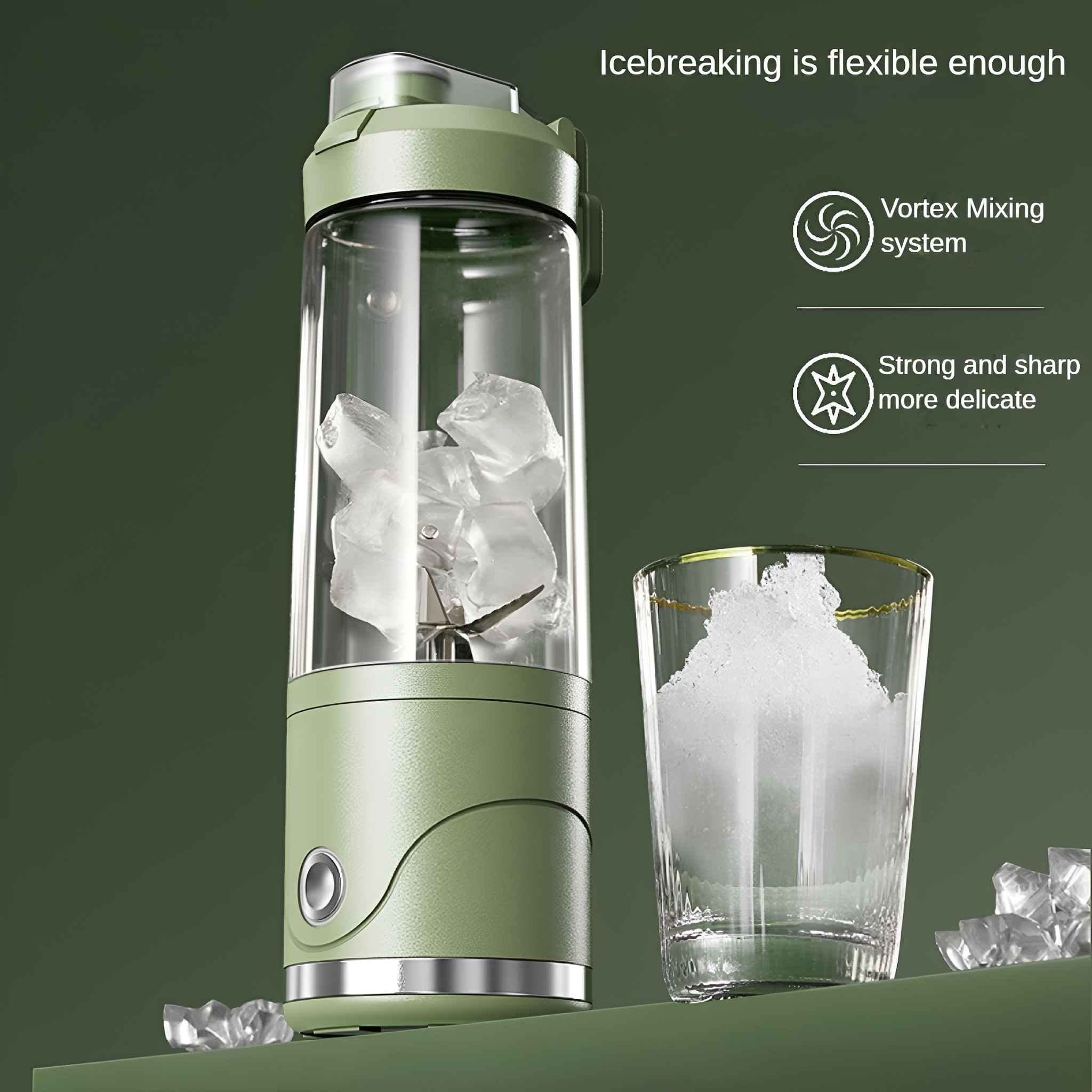 Ein grüner Mixer mit Eis und ein Glas mit Eis. Text: Eisbrechen ist flexibel genug, Vortex-Mischsystem.