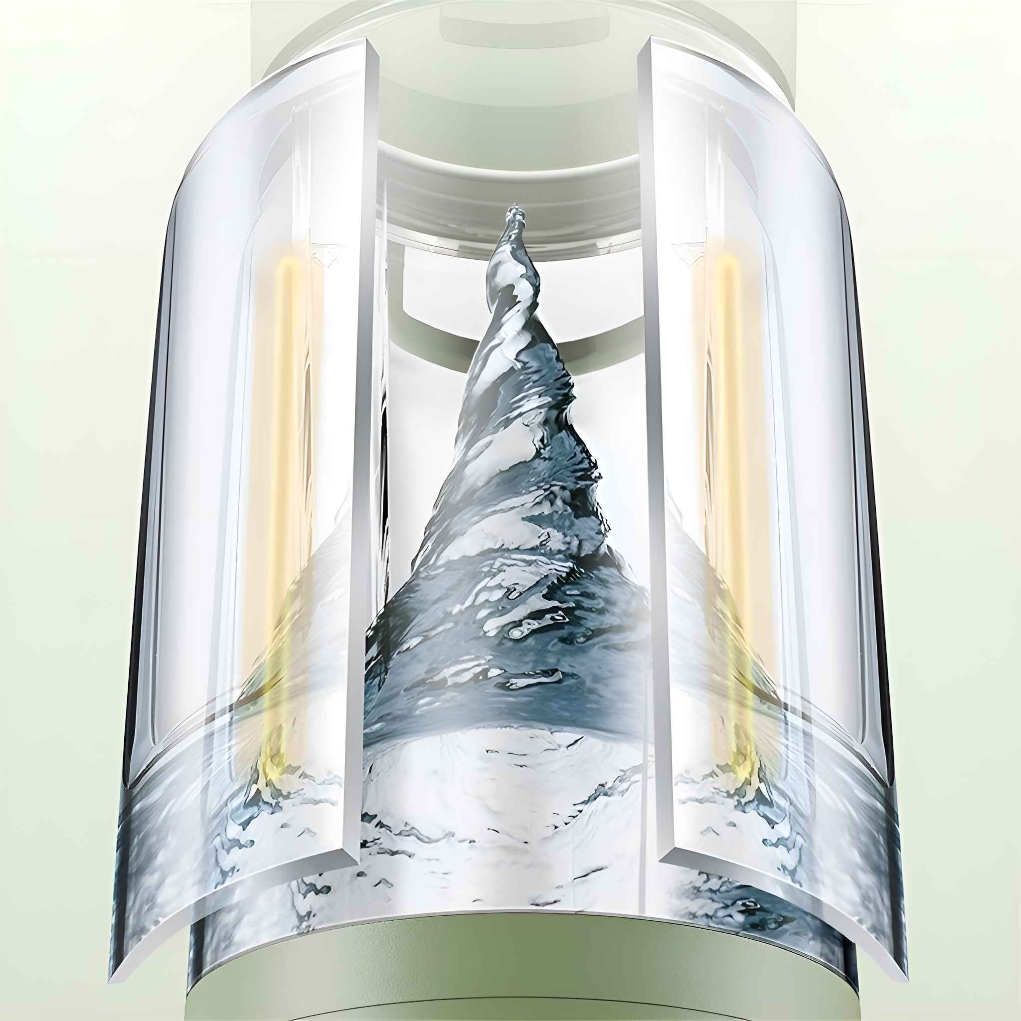 Ein Querschnitt zeigt einen Wasserwirbel in einem transparenten Behälter mit gelbem Licht. Der Wirbel wirbelt nach oben.