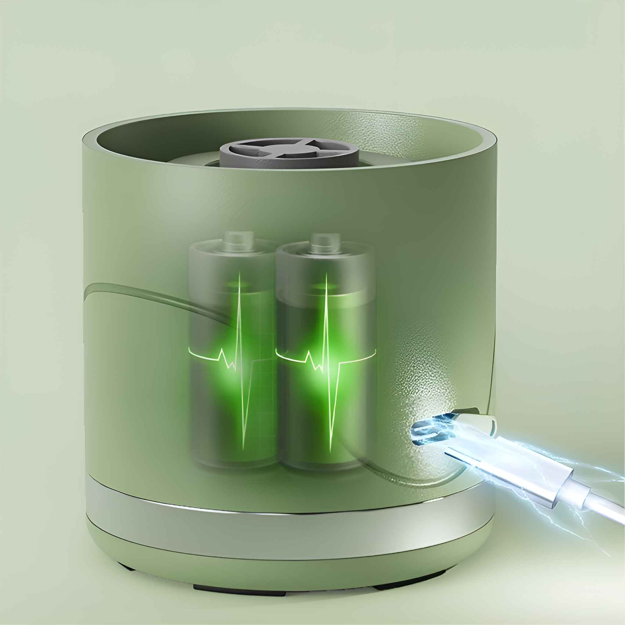 Ein grünes zylindrisches Gerät mit zwei batterieförmigen Objekten im Inneren, die über ein Kabel geladen werden. Grüne Energielinien sind sichtbar.
