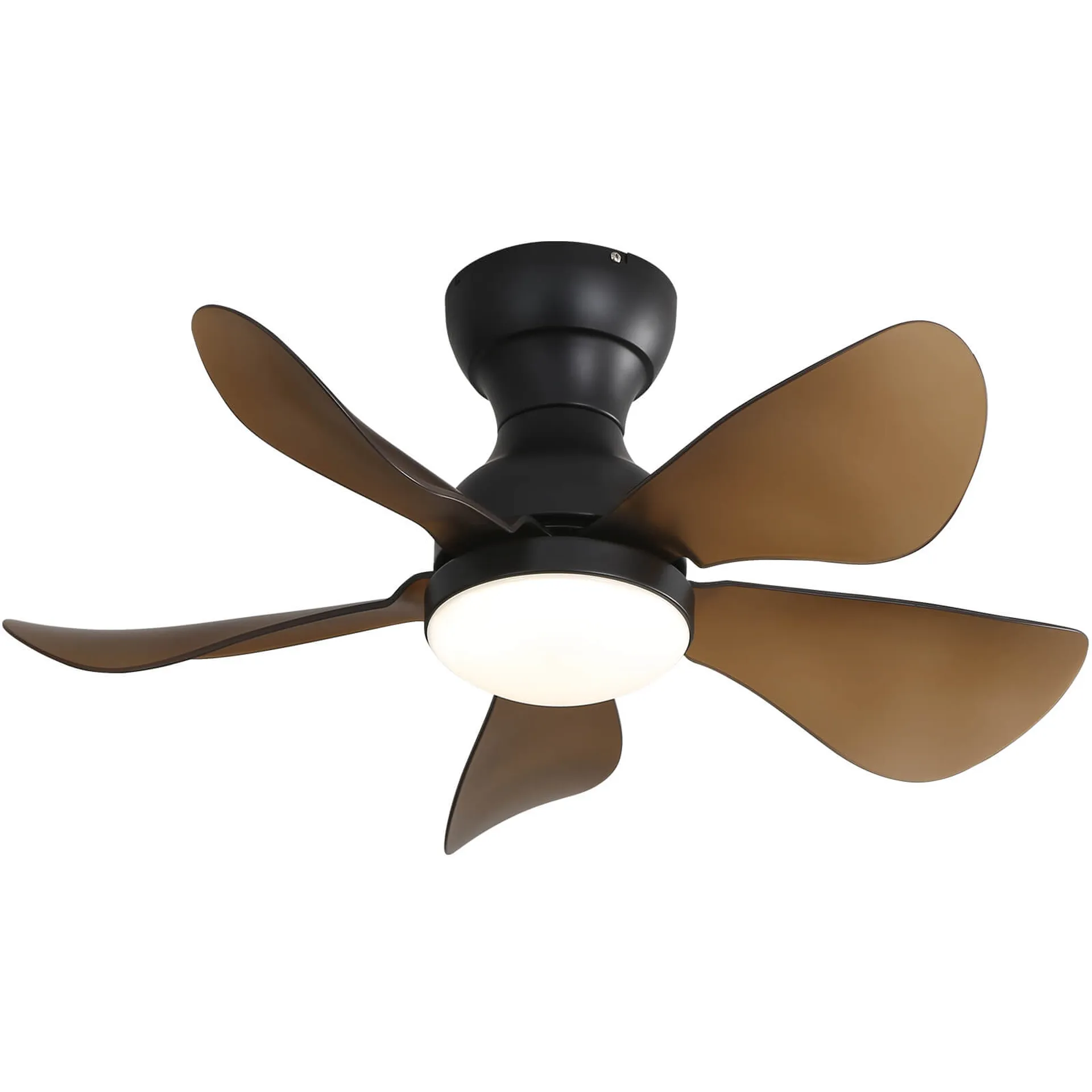 Ein Deckenventilator mit fünf braunen Flügeln und einem schwarzen Motorgehäuse. Es hat ein weißes Licht in der Mitte. Der Hintergrund ist weiß.