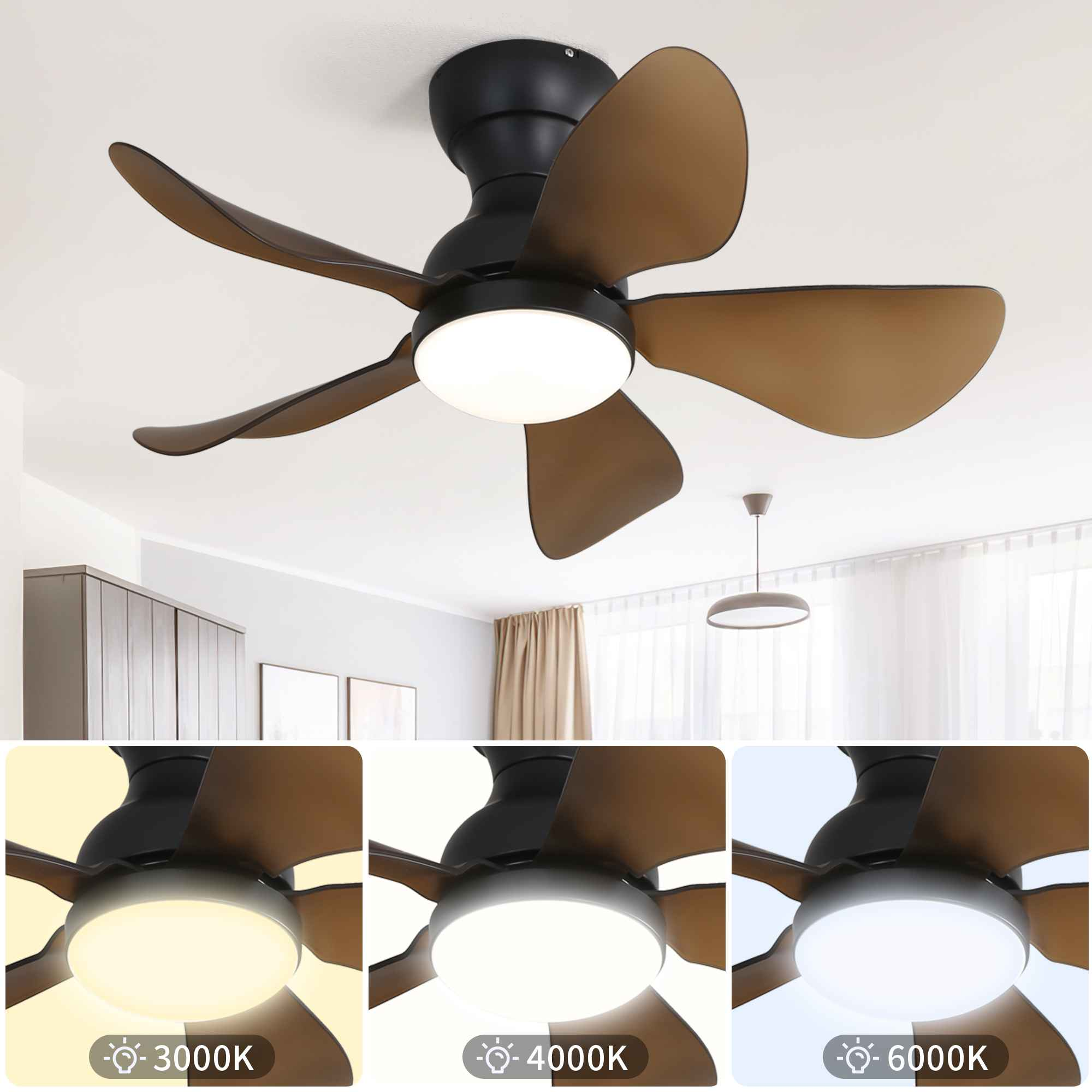 Ein Deckenventilator mit fünf braunen Blättern und einem zentralen Licht. Die Szene zeigt auch drei Lichtoptionen.