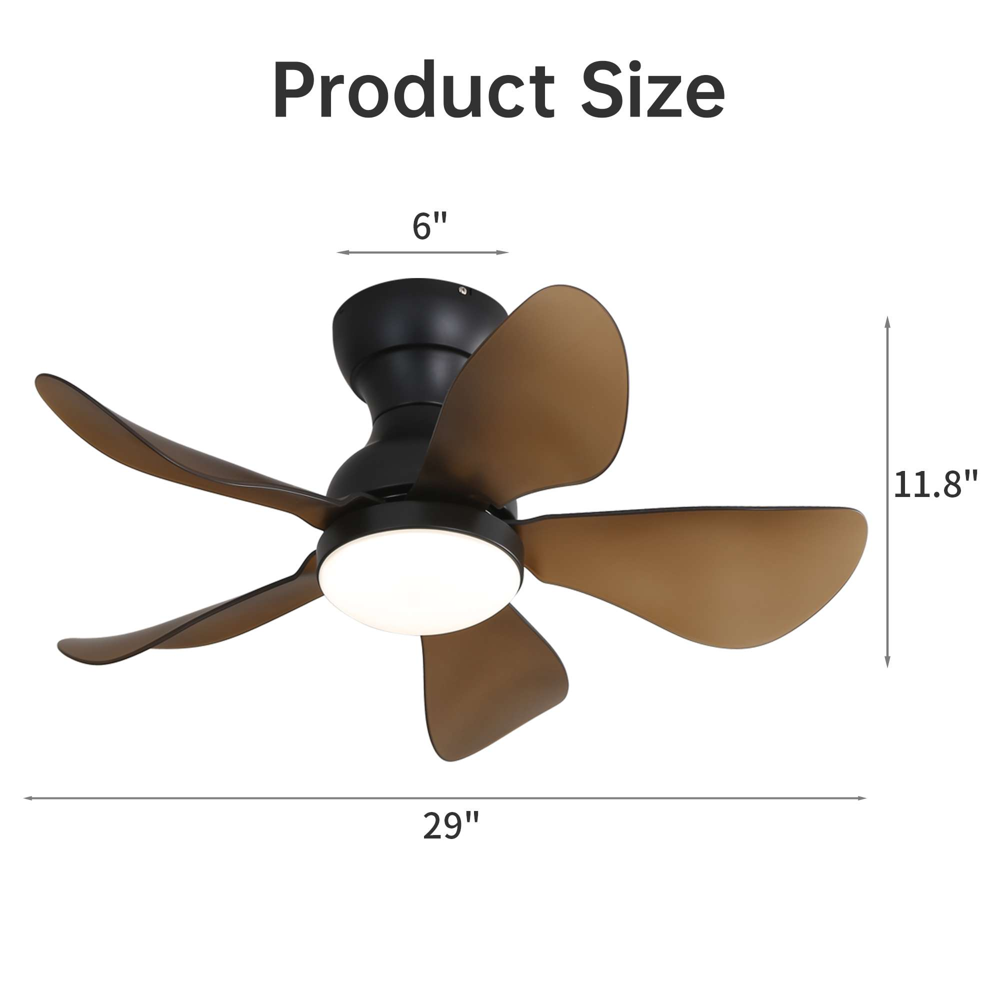 Schwarzer Deckenventilator mit braunen Flügeln, weißes Licht. Die Abmessungen sind angegeben: 29 Zoll breit, 11,8 Zoll hoch und 6 Zoll für den Motor.
