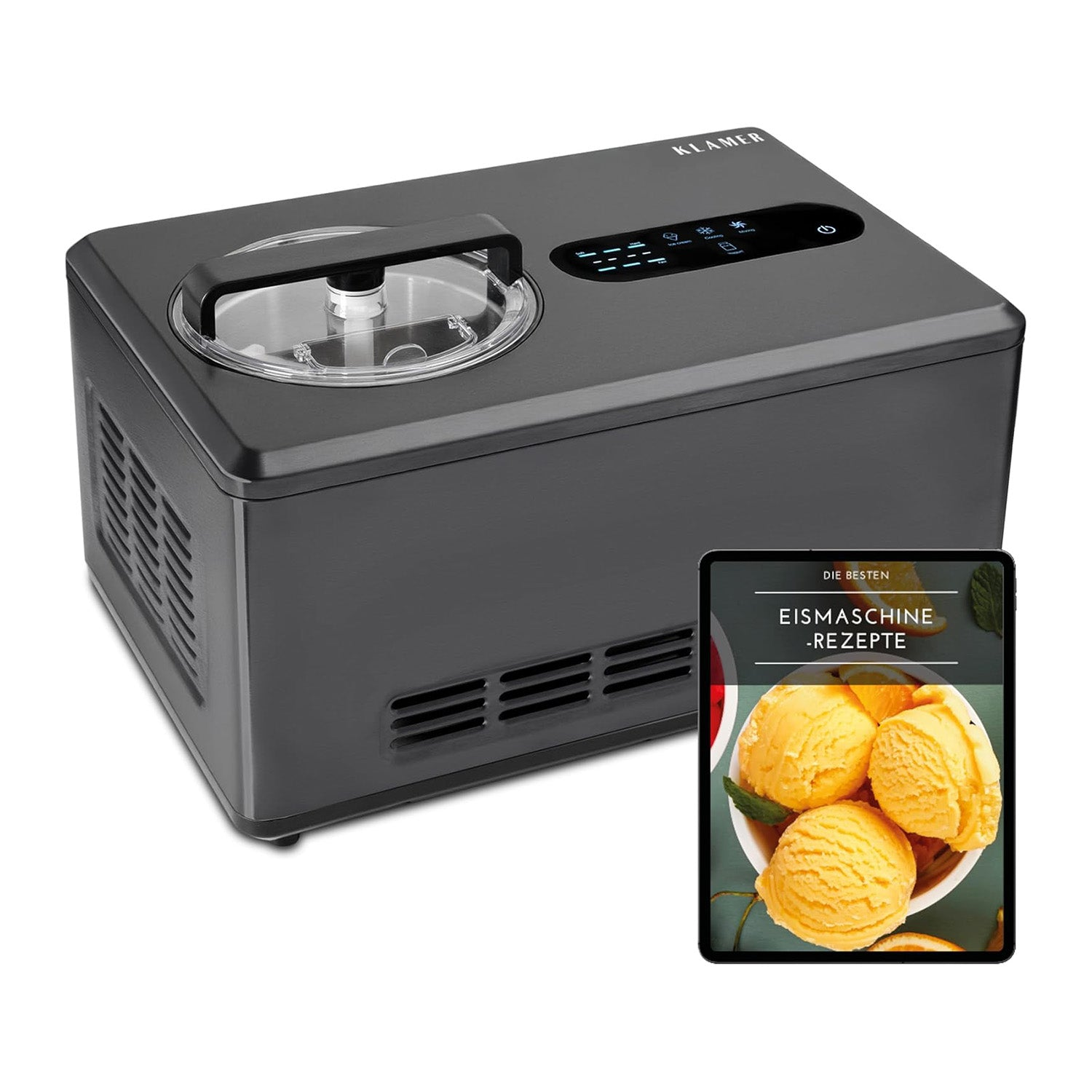 Dunkelgraue Eismaschine mit Digitalanzeige, Griff und Rezept-Tablet mit Eiscreme-Kugeln.